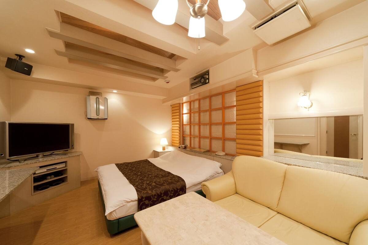 Habitació d'hotel amb llit, televisió, sofà, taula i mirall.