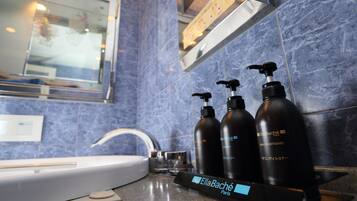 A bathroom with a white sink, a mirror, and three bottles of Ella Bache Paris hair conditioner on the counter.