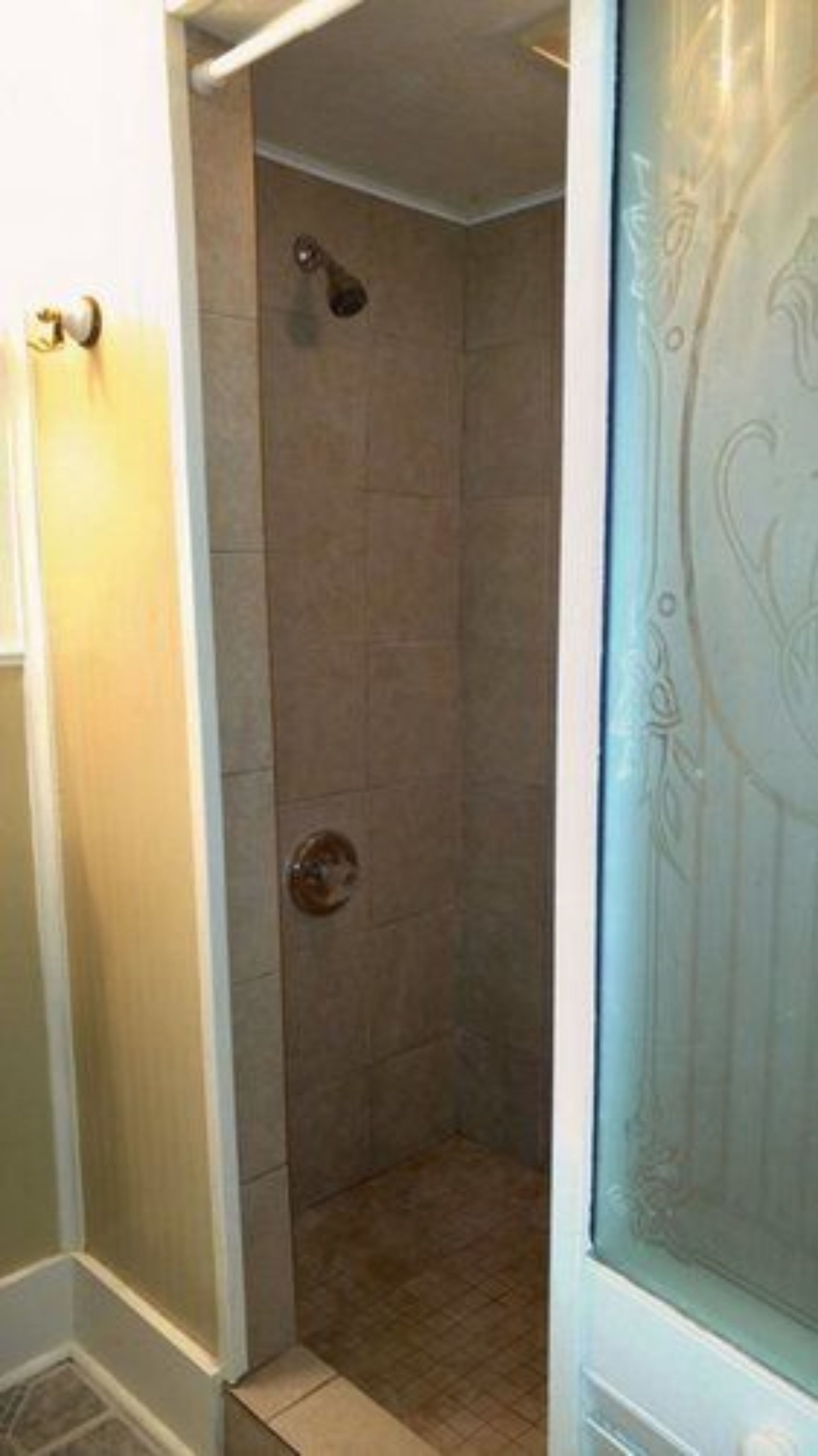 Ein Badezimmer mit Dusche, gefliesten Wänden und einer Tür mit dekorativer Glasscheibe.