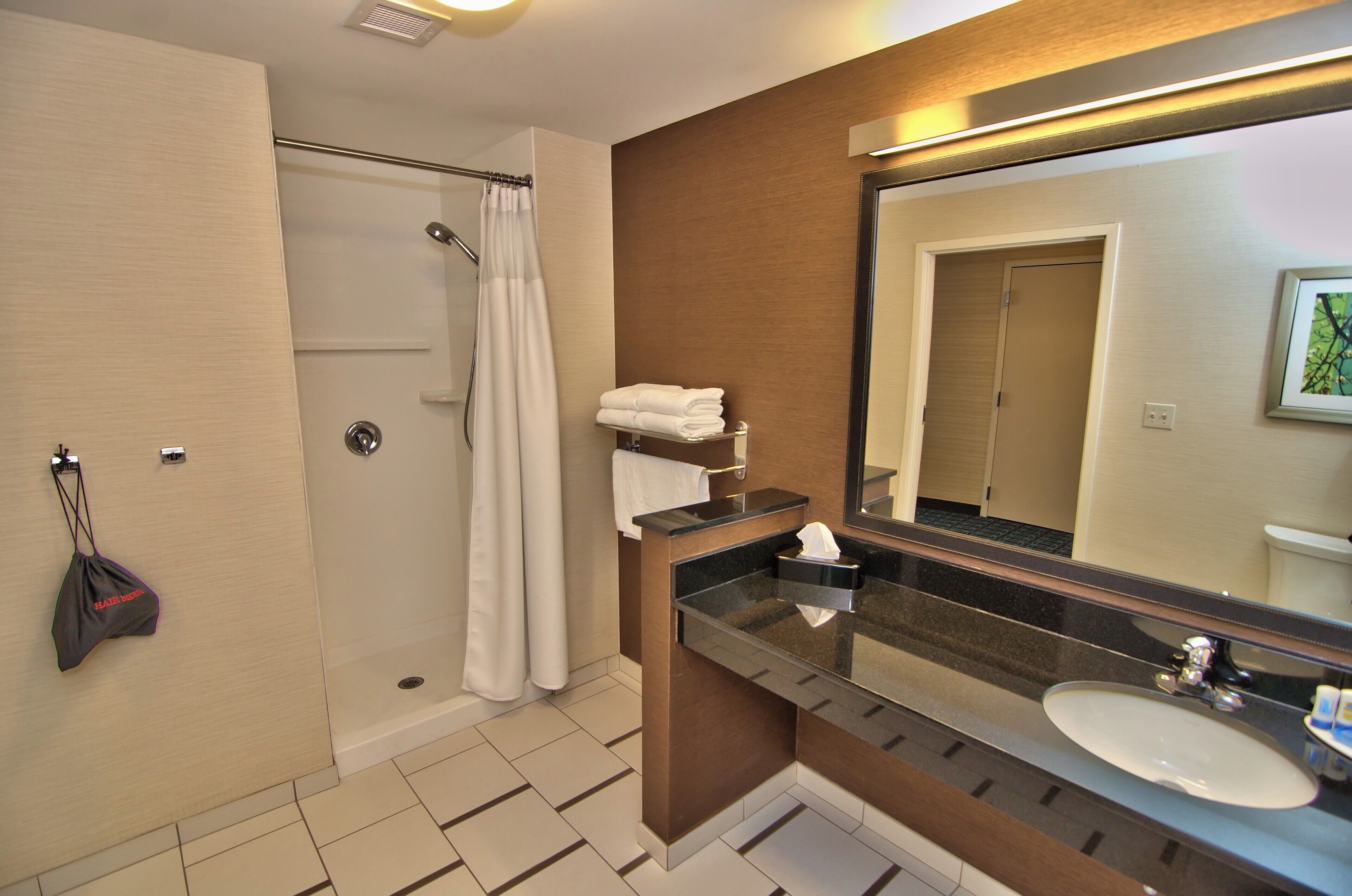 free toiletries, hair dryer, towels