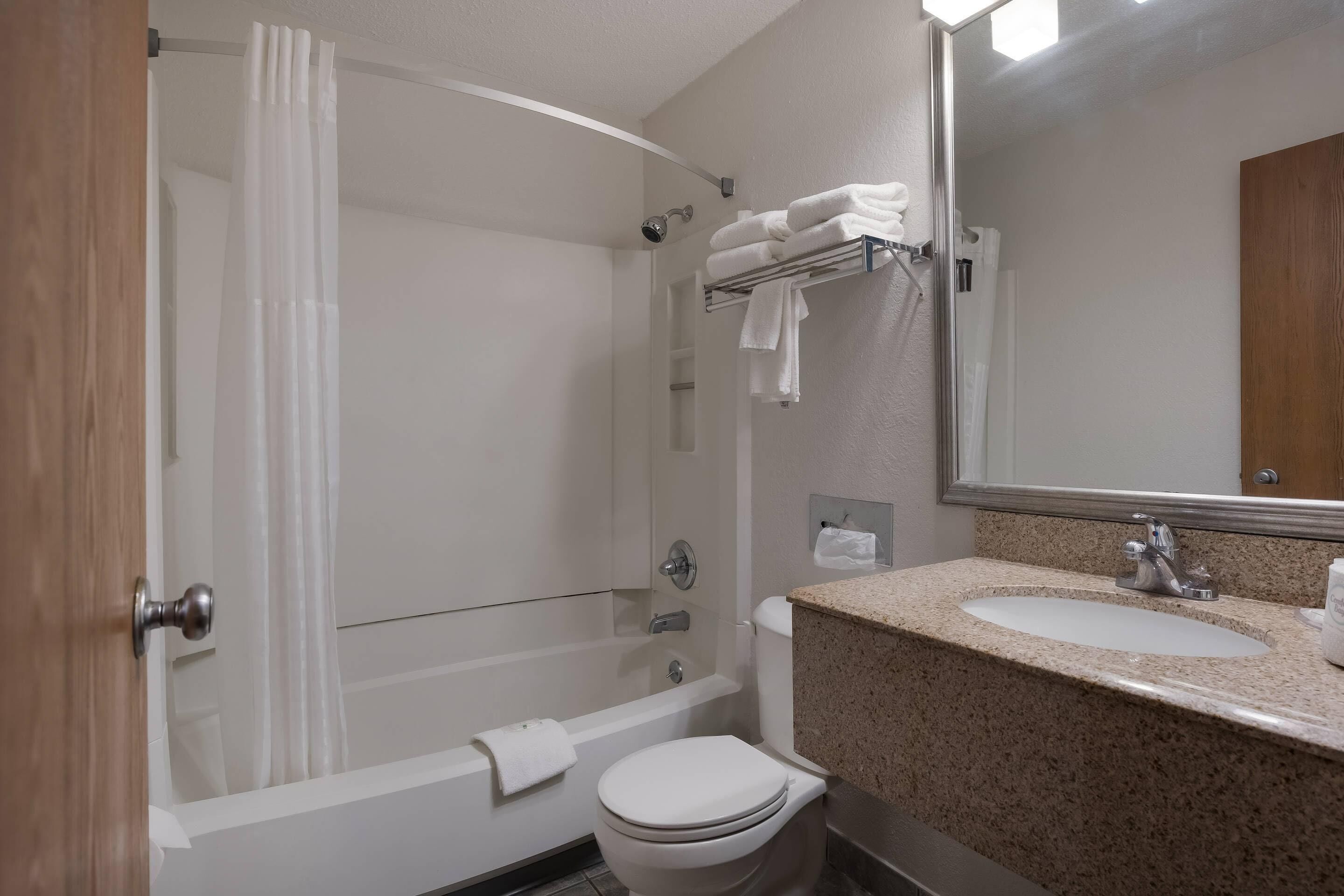 A bathroom with a shower, toilet, sink, and a towel rack.