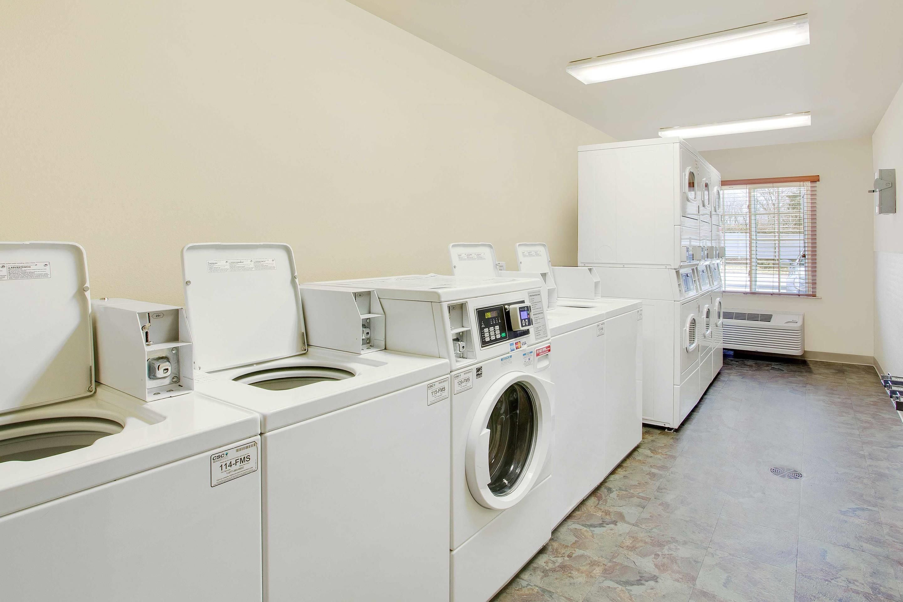 Une buanderie équipée de plusieurs machines à laver et de plusieurs sèche-linge, dotée d’un sol carrelé et d’une fenêtre avec des stores.