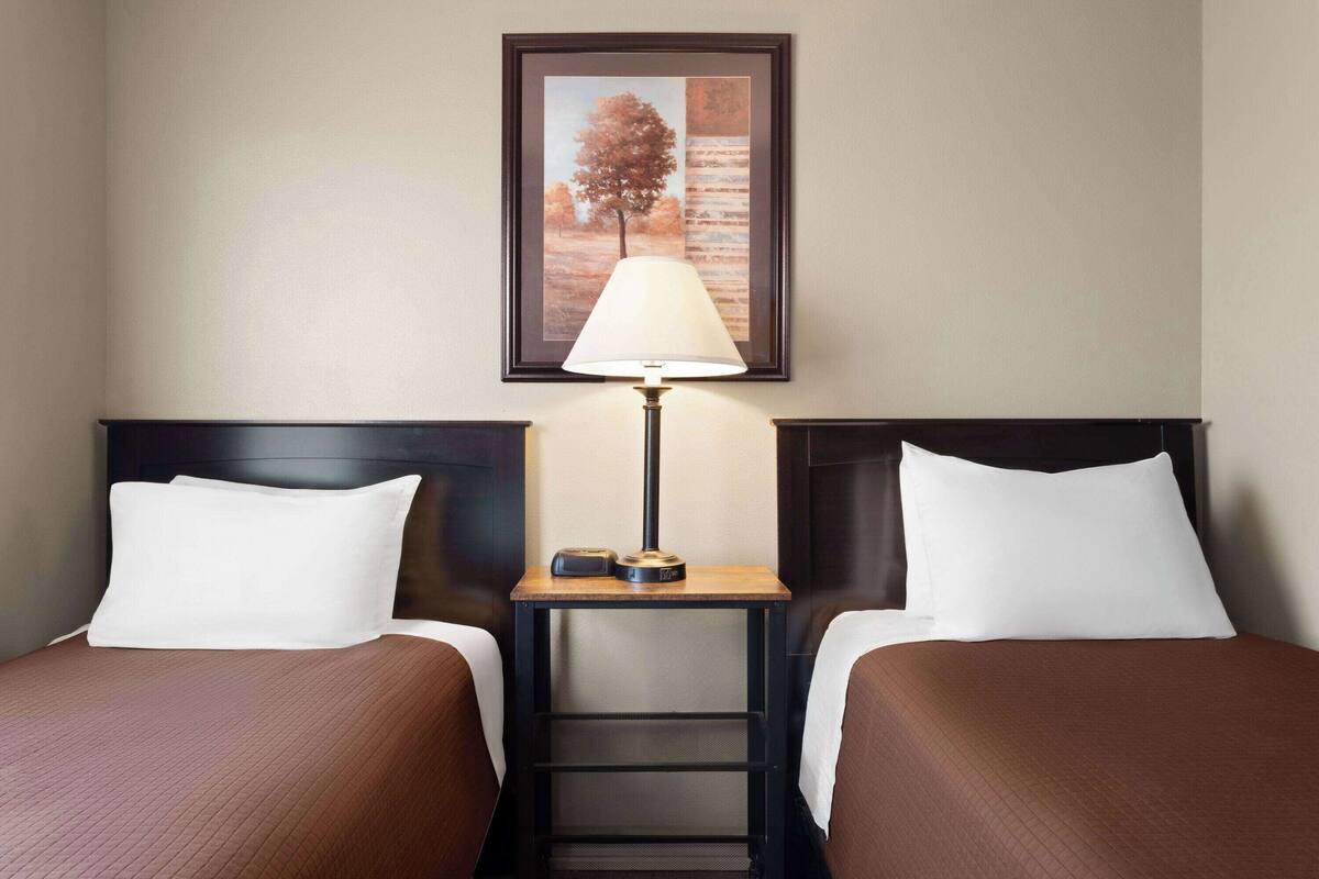 Una habitación de hotel con dos camas, una mesita de noche con una lámpara y un cuadro en la pared.