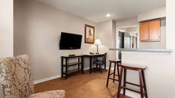 1 bedroom, desk, blackout drapes, iron/ironing board