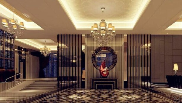 A spacious lobby with a geometric patterned floor, a central chandelier, and a decorative wall piece. - Days Hotel Dawn Fuzhou (Fuzhou)
