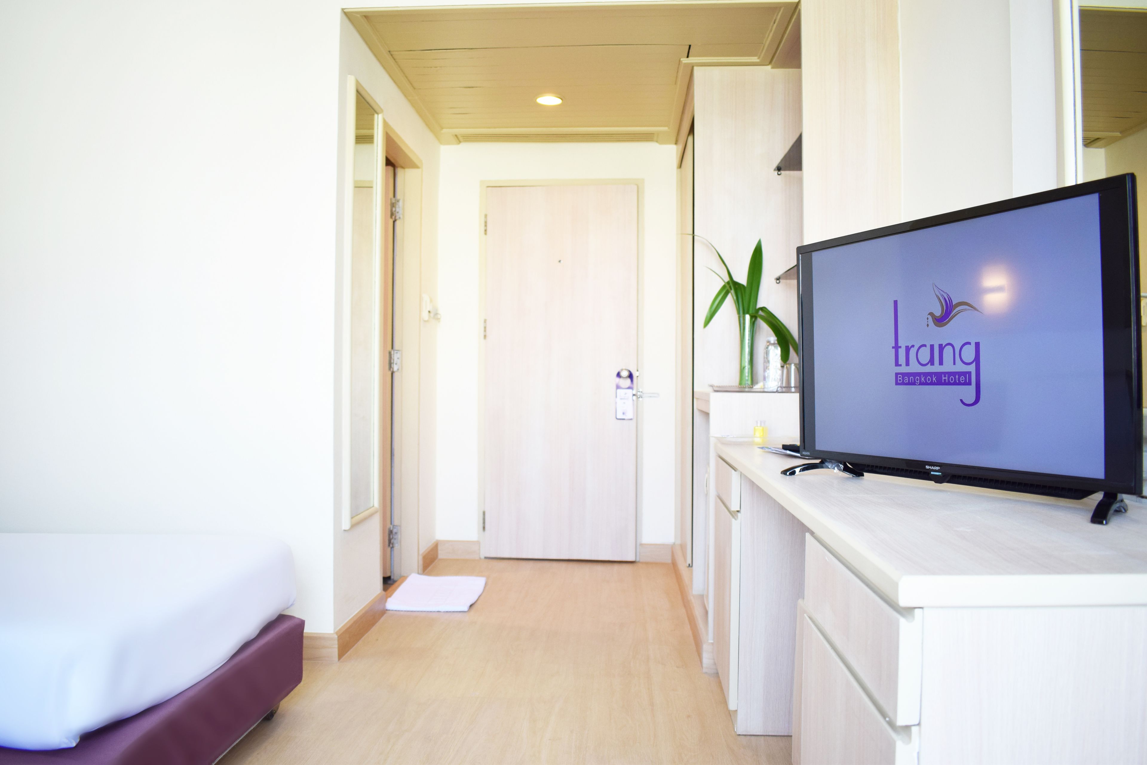 A hotel room with a bed, a television, a desk, and a door.