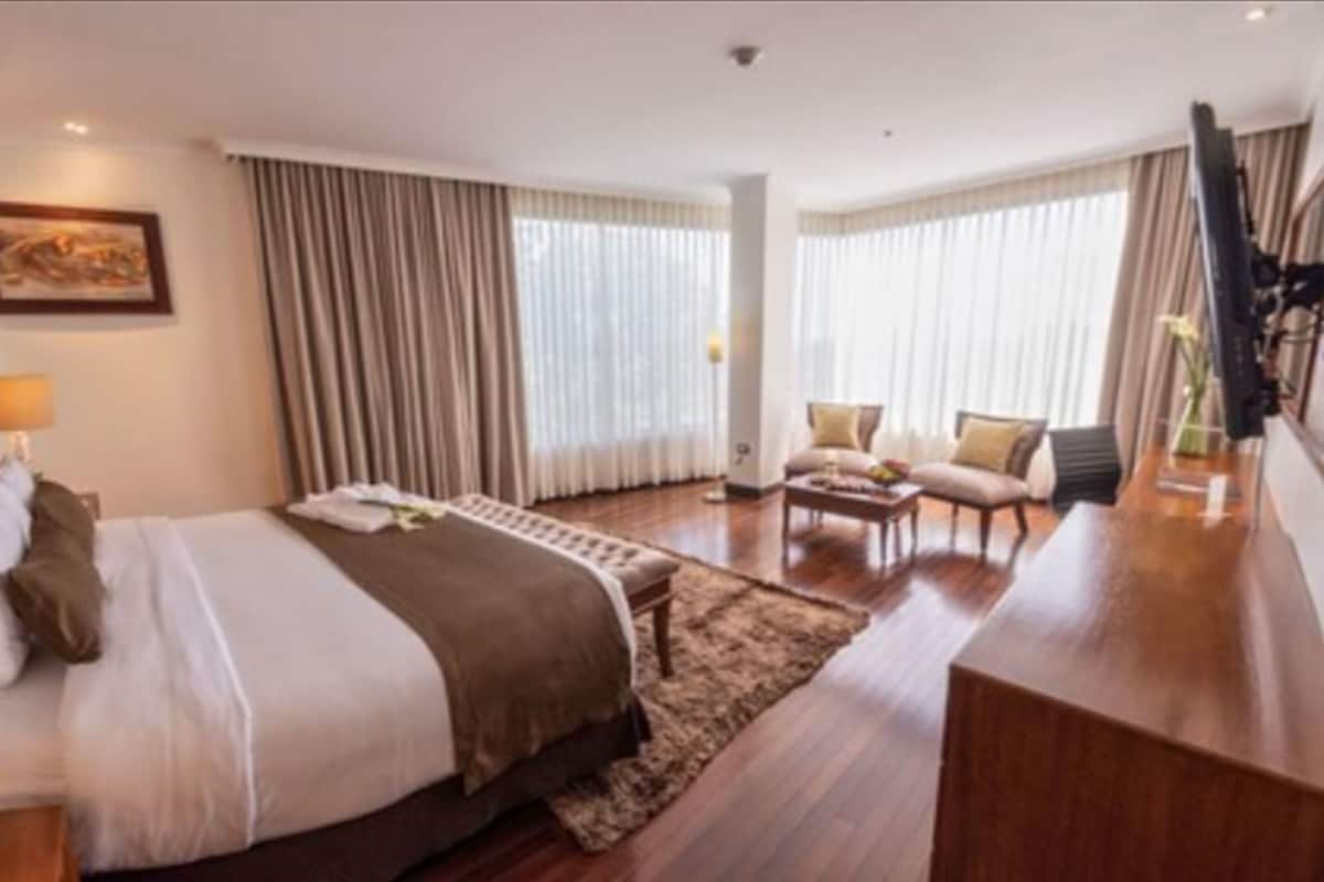 A hotel room with a large bed, a desk, a chair, and a sofa. There are curtains and a window with blinds.