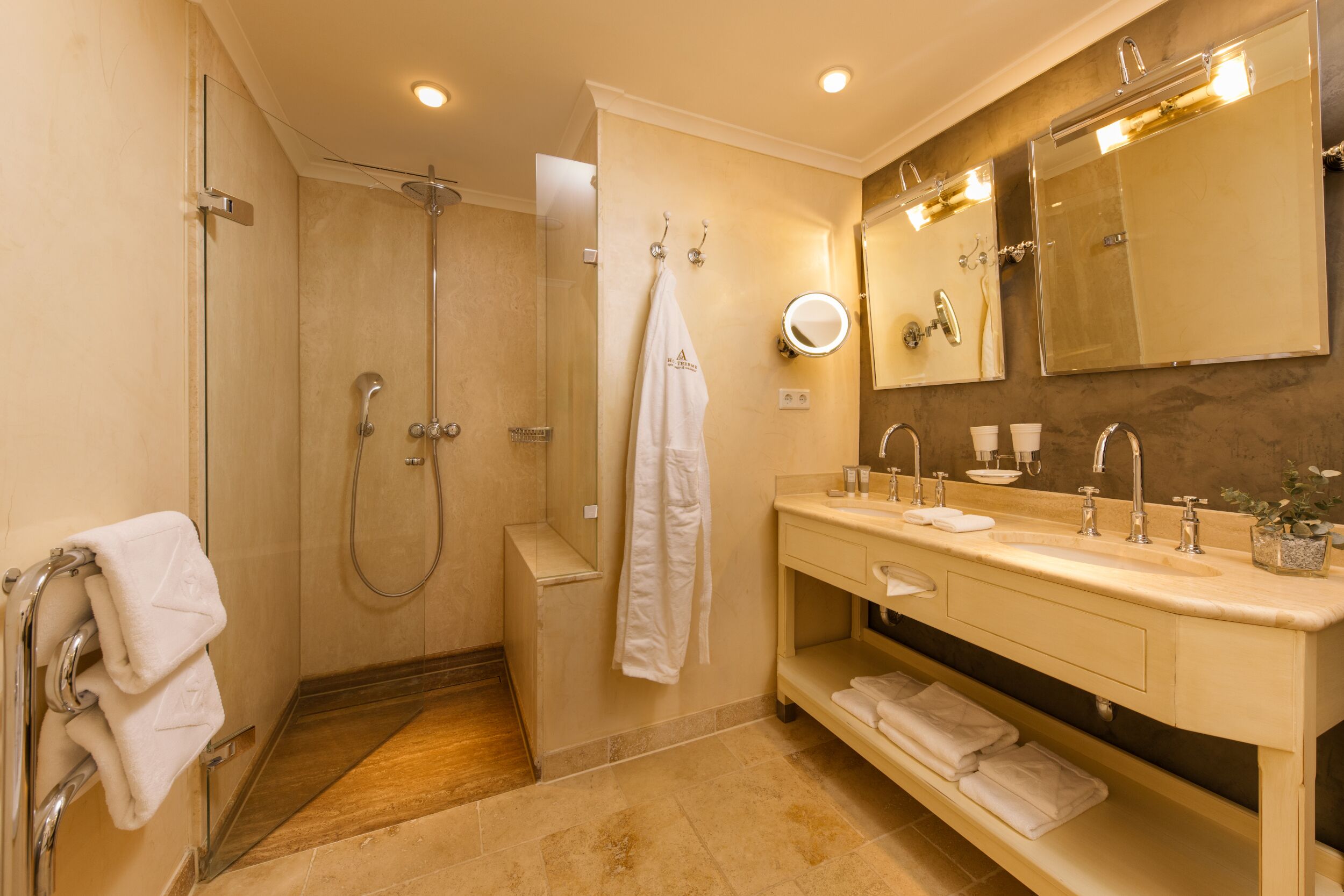 standard (fjord gallery double room) | bathroom | shower, hair dryer, bathrobes, slippers