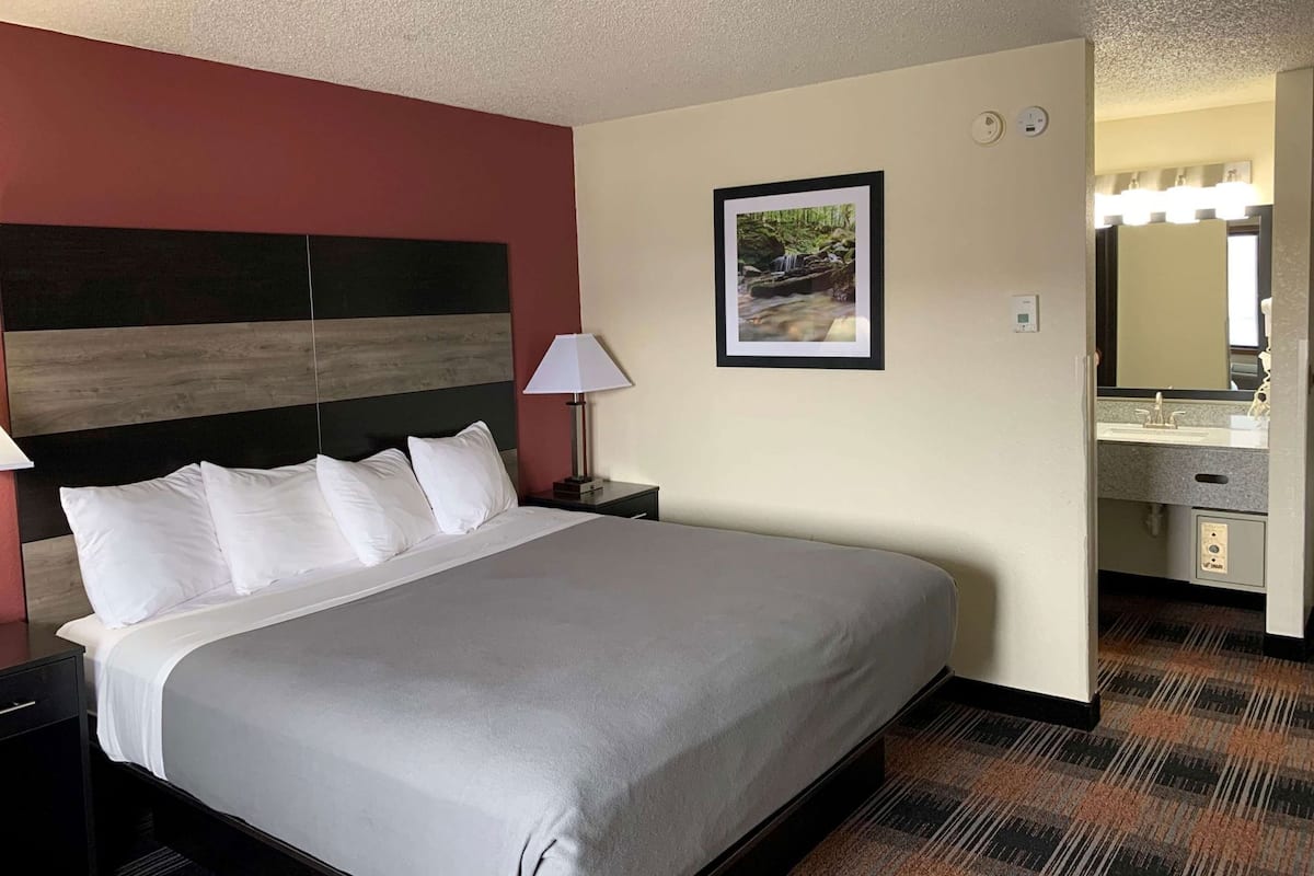 Une chambre d’hôtel avec un grand lit, une table de chevet avec une lampe, un tableau encadré au mur et une salle de bain visible à travers une porte ouverte.