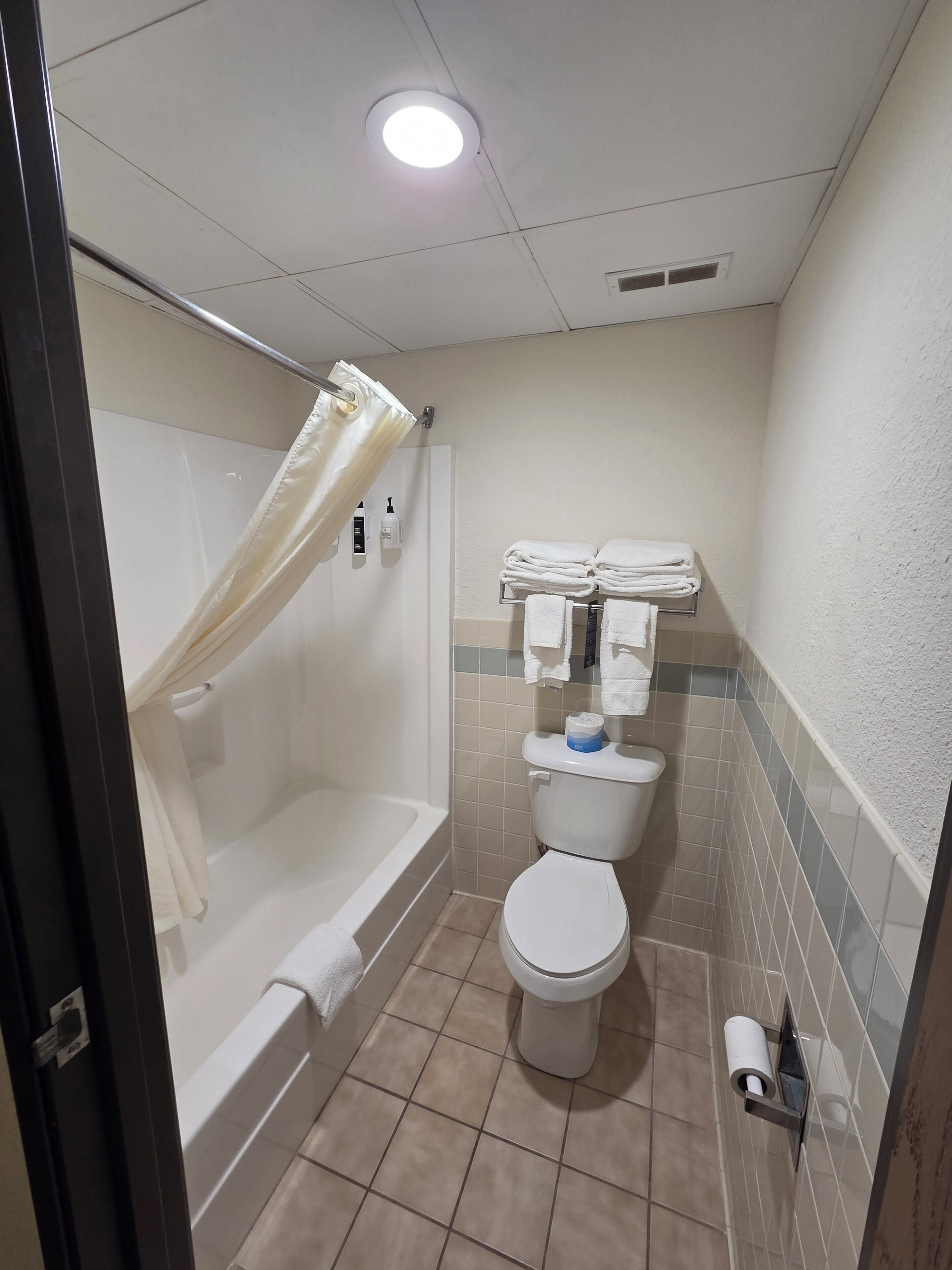 Een badkamer met een bad, toilet en douchegordijn.