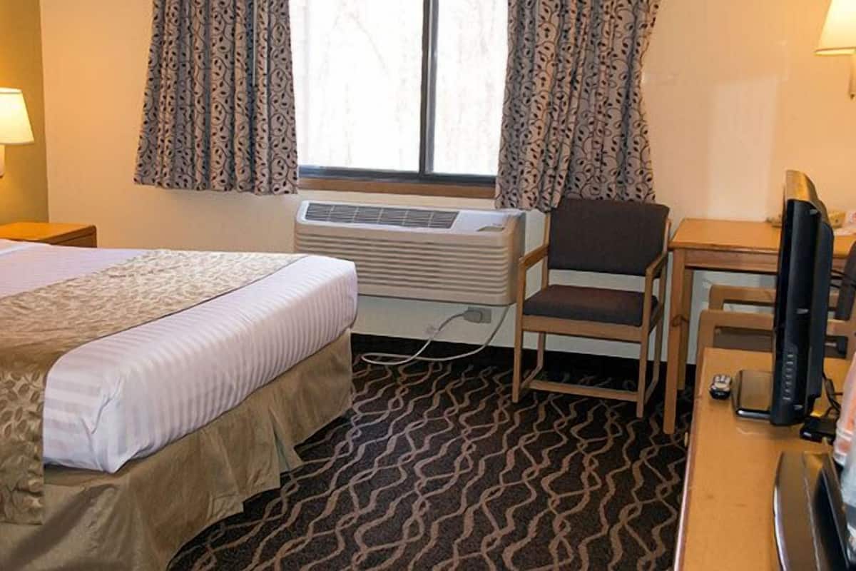 Une chambre d’hôtel comprenant un lit, un bureau avec une chaise, un climatiseur et une lampe.
