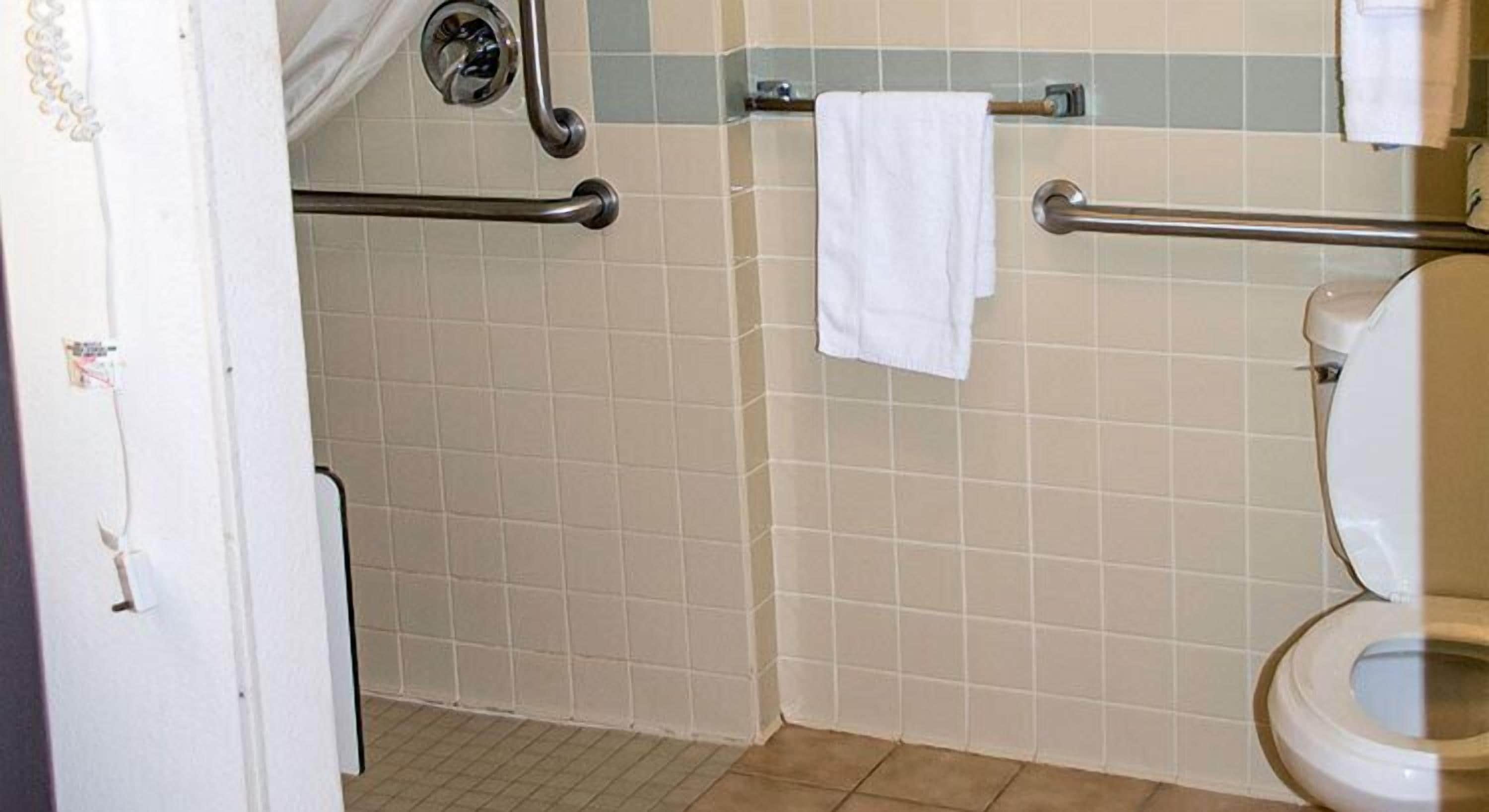 room, one king bed, accessible roll in shower, non smoking | bathroom | shower, free toiletries, hair dryer, towels