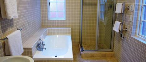 A bathroom with a bathtub, a shower, and a sink.