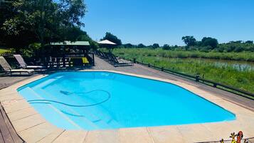 Outdoor pool, pool umbrellas, pool loungers