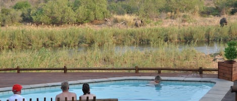 Piscine extérieure, parasols de plage, chaises longues