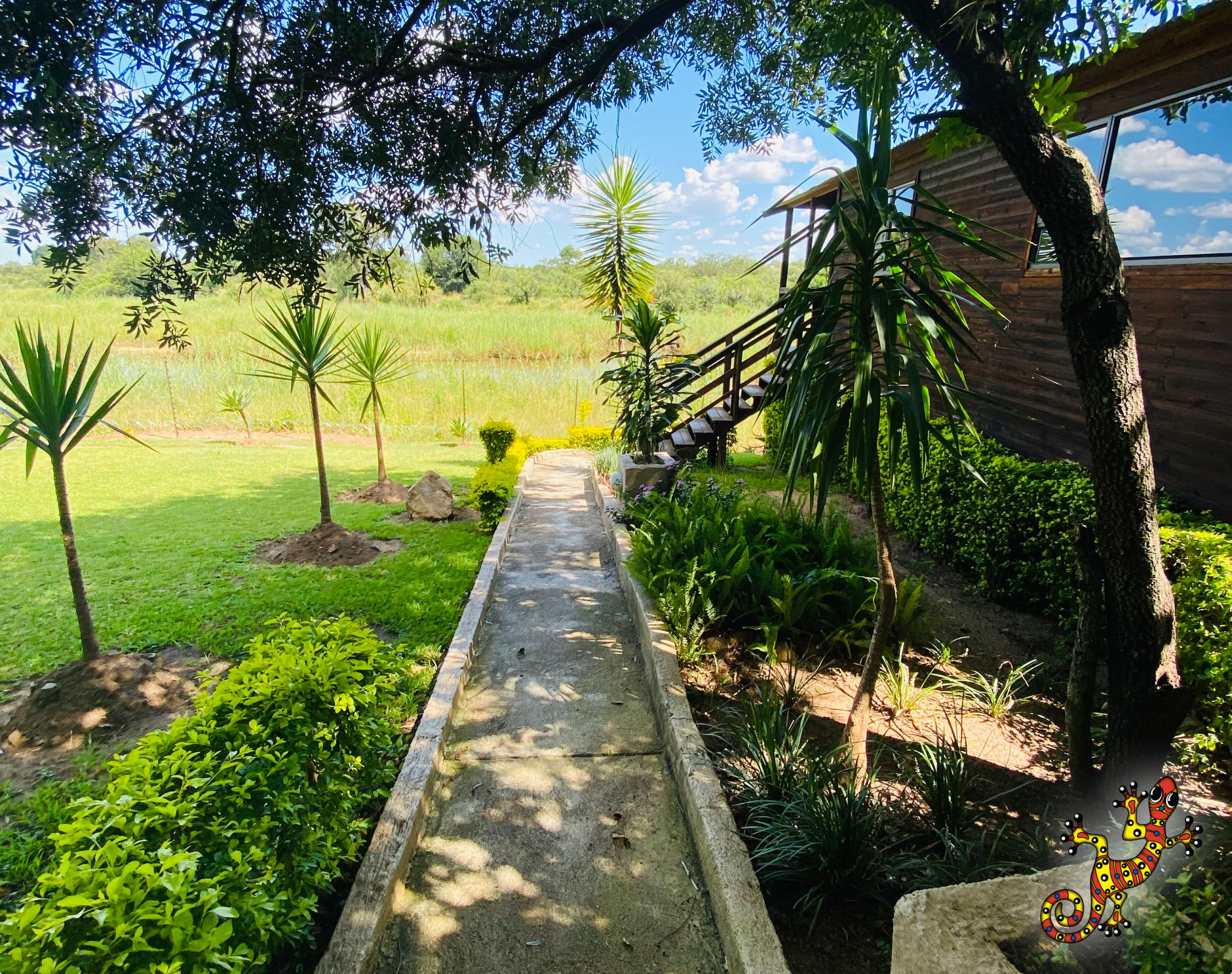 A concrete pathway leading to a wooden structure with a staircase.