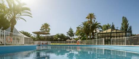 A swimming pool with a clear blue water surface, surrounded by palm trees and covered structures.