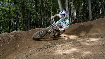 A dirt bike rider navigating a dirt track surrounded by trees.