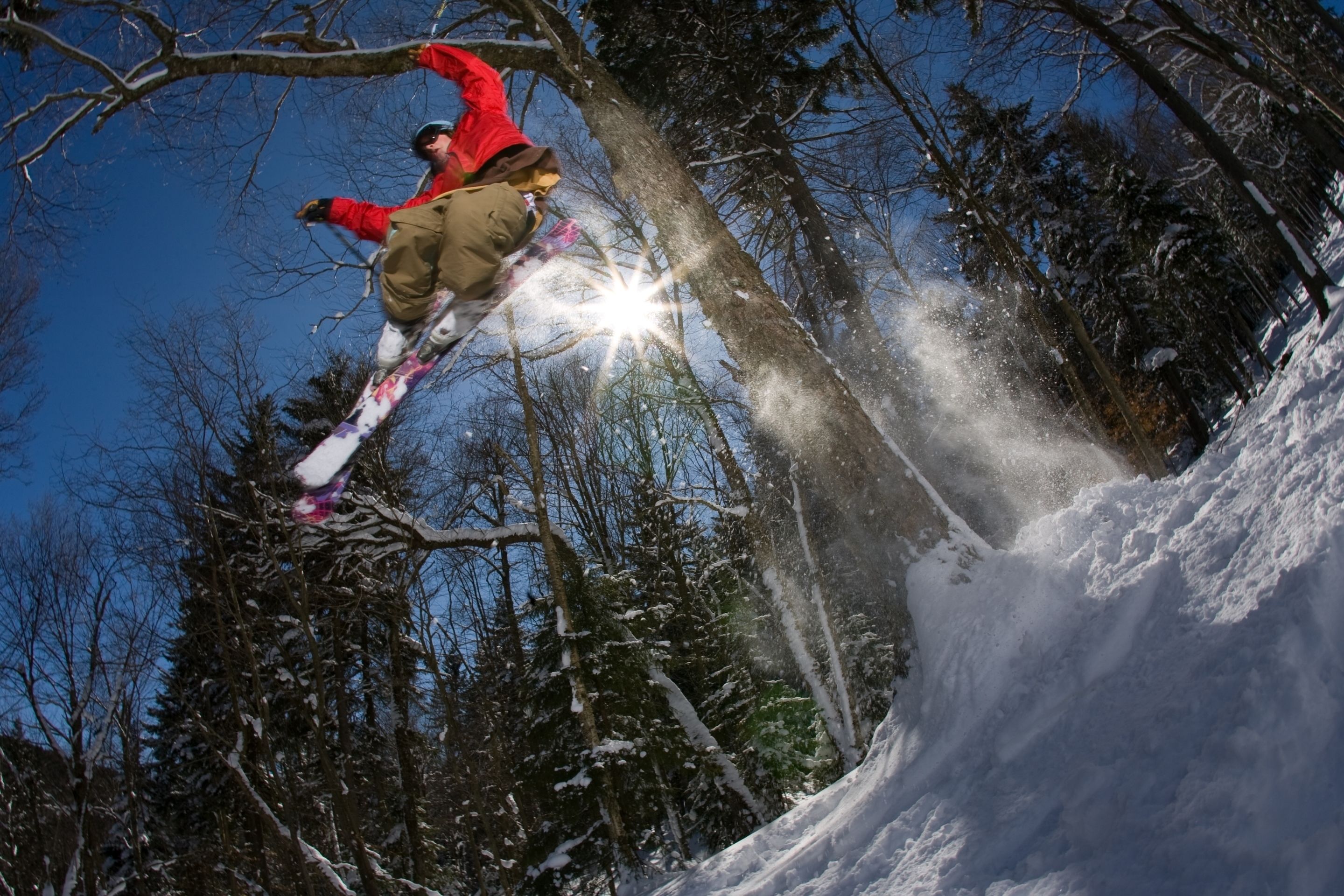 A snowboarder performing a jump in a snowy forest.