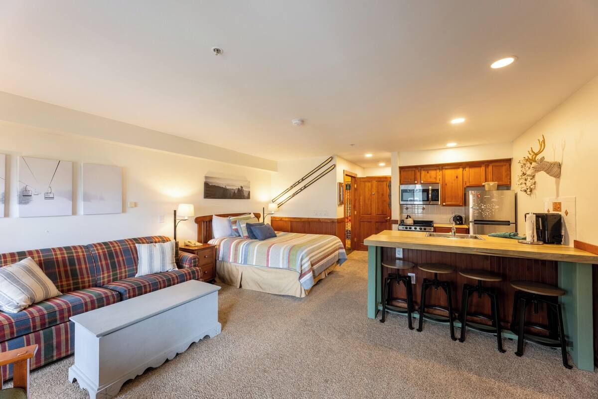 A cozy room with a bed, a sofa, a small dining area with stools, and a kitchen with wooden cabinets and modern appliances.