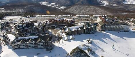 A ski resort with multiple buildings, including lodges and possibly a ski lift area, set against a backdrop of snow-covered mountains.