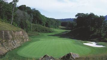 A golf course with a well-maintained green, sand bunkers, and a flagstick.
