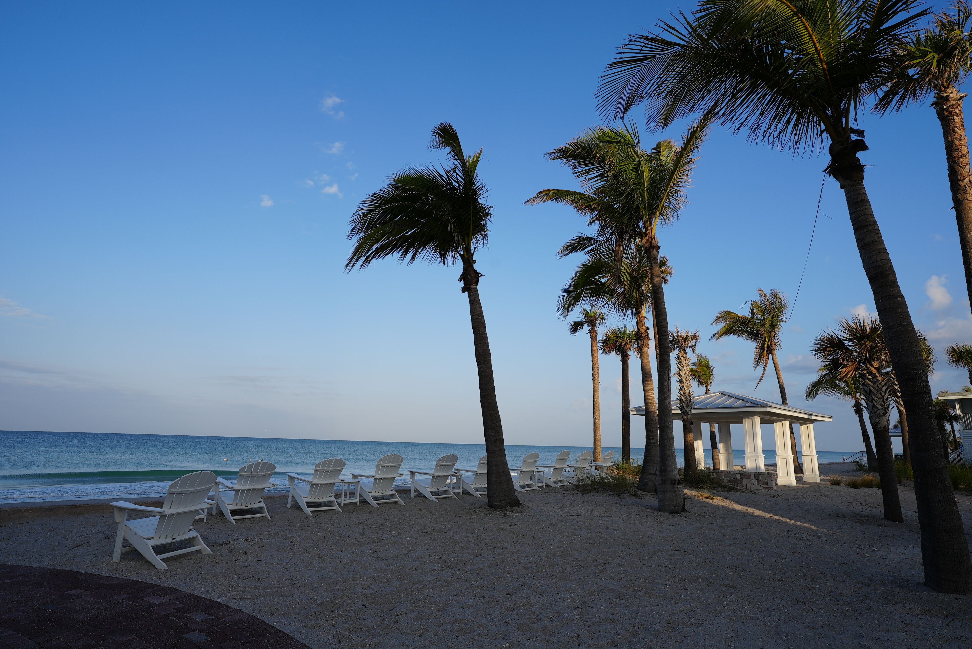 A beach with white chairs and palm trees, a gazebo, and a view of the ocean.