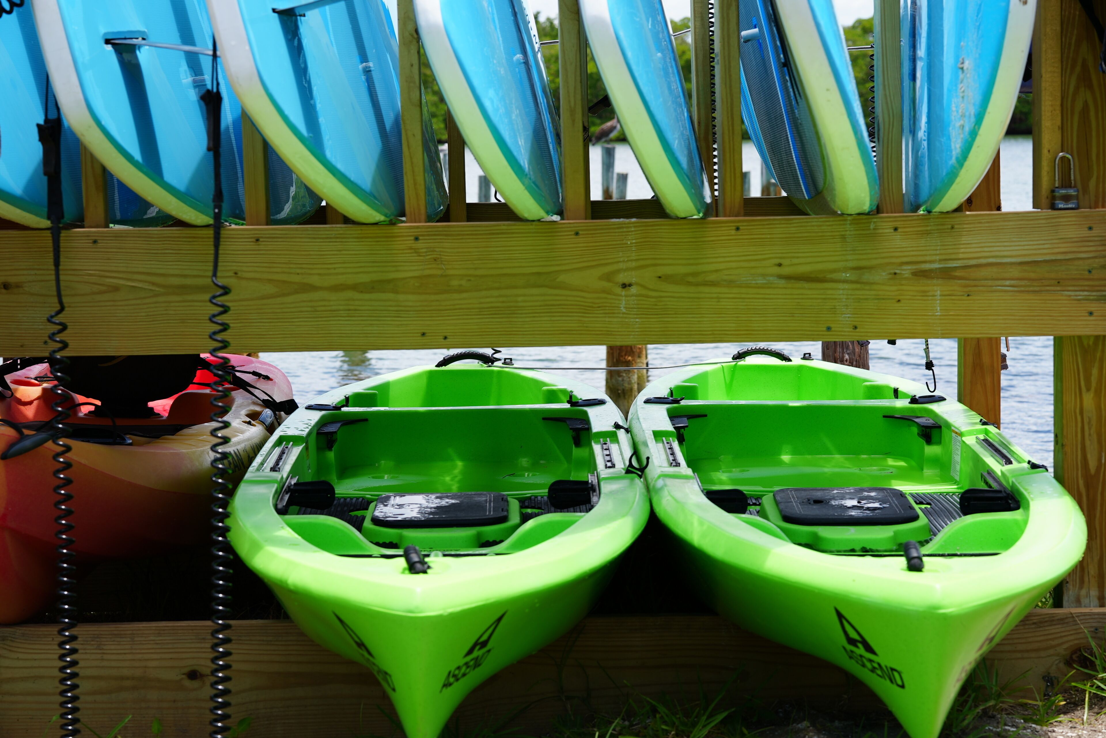 Deux kayaks verts et plusieurs planches de surf sont posés sur un support en bois, près d’une étendue d’eau.