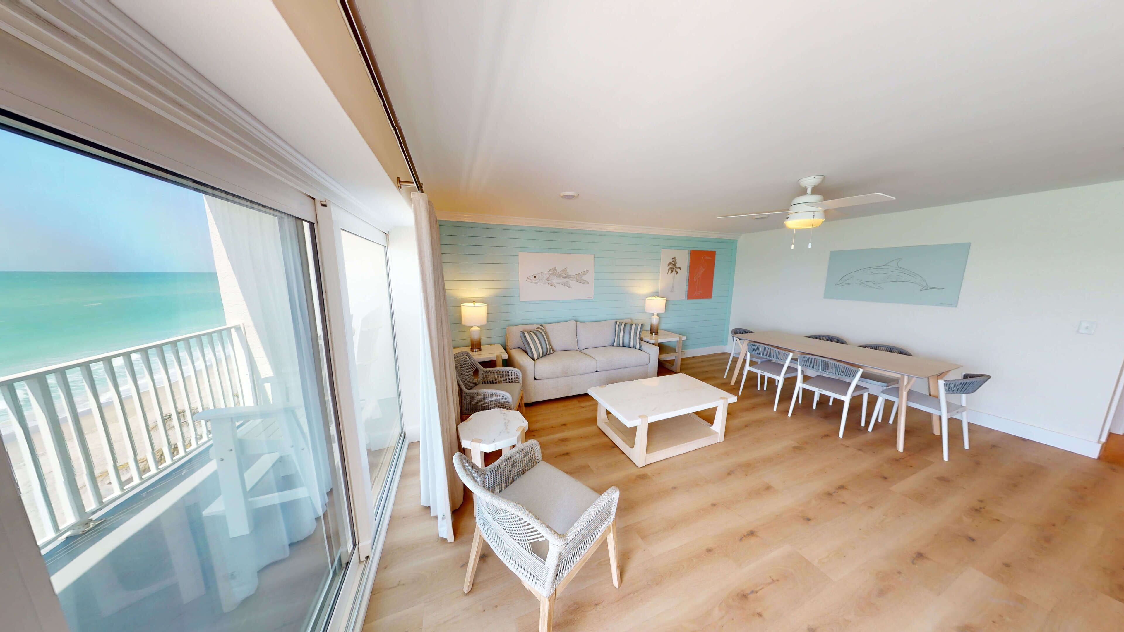 2 bedrooms, balcony, gulf view | living area | 55-inch flat-screen tv with digital channels, tv