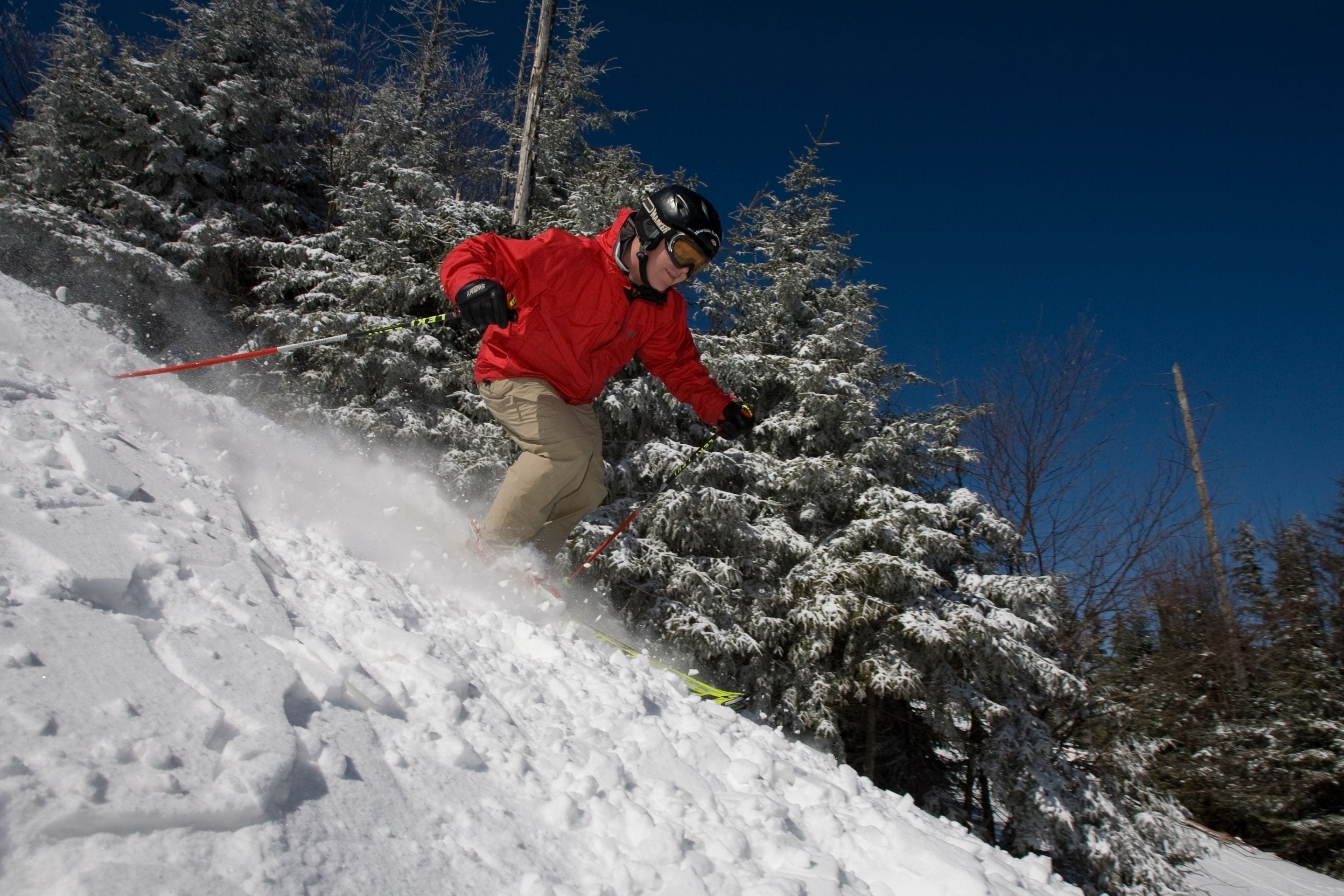 A person skiing down a snowy slope with trees in the background.