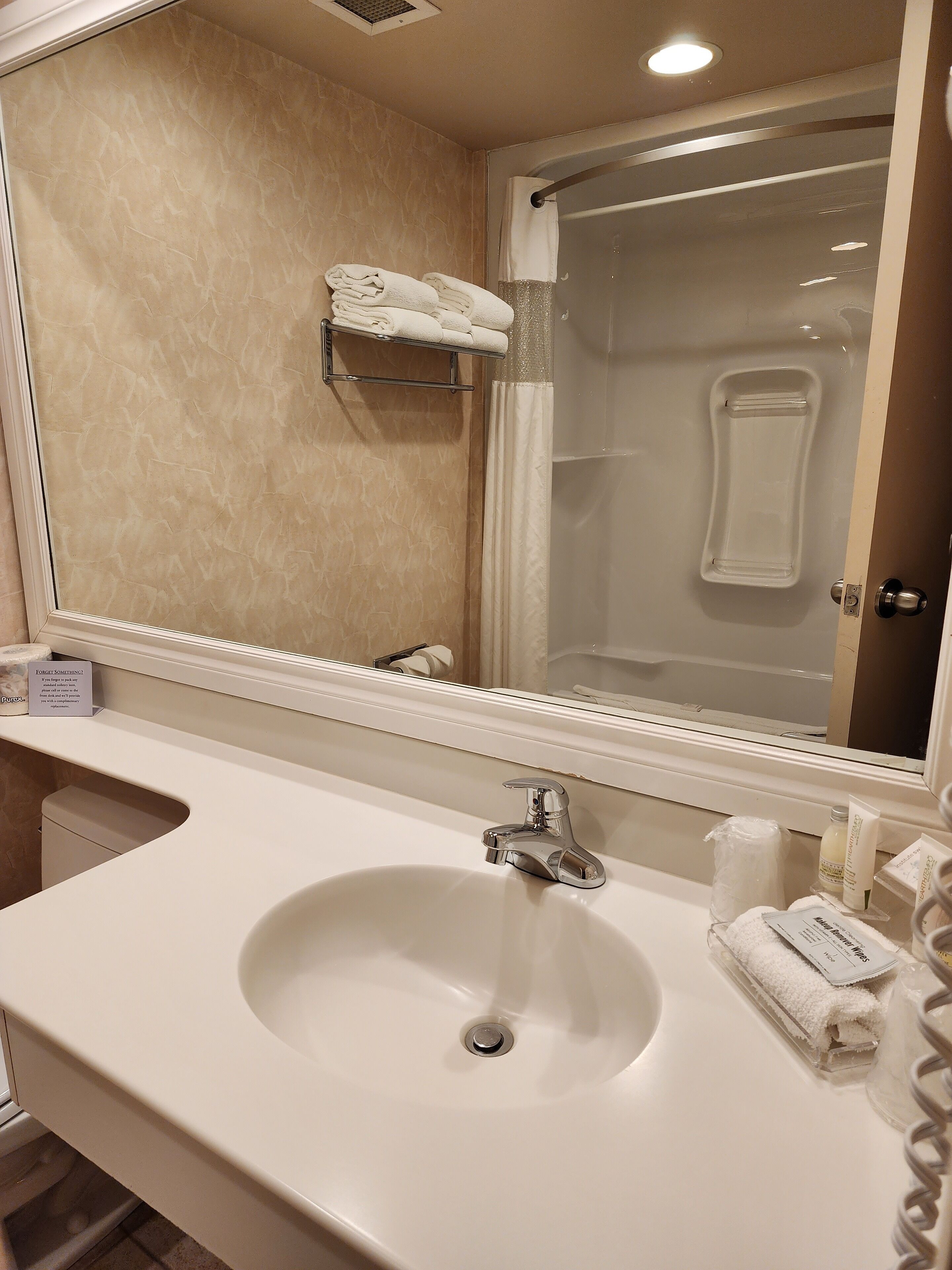 combined shower/bathtub, free toiletries, hair dryer, towels