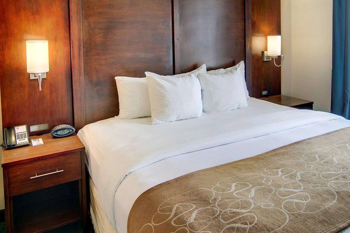Een hotelkamer met een groot houten hoofdbord, twee nachtkastjes met lampen, een bed met wit beddengoed en een bruine gebreide plaid.