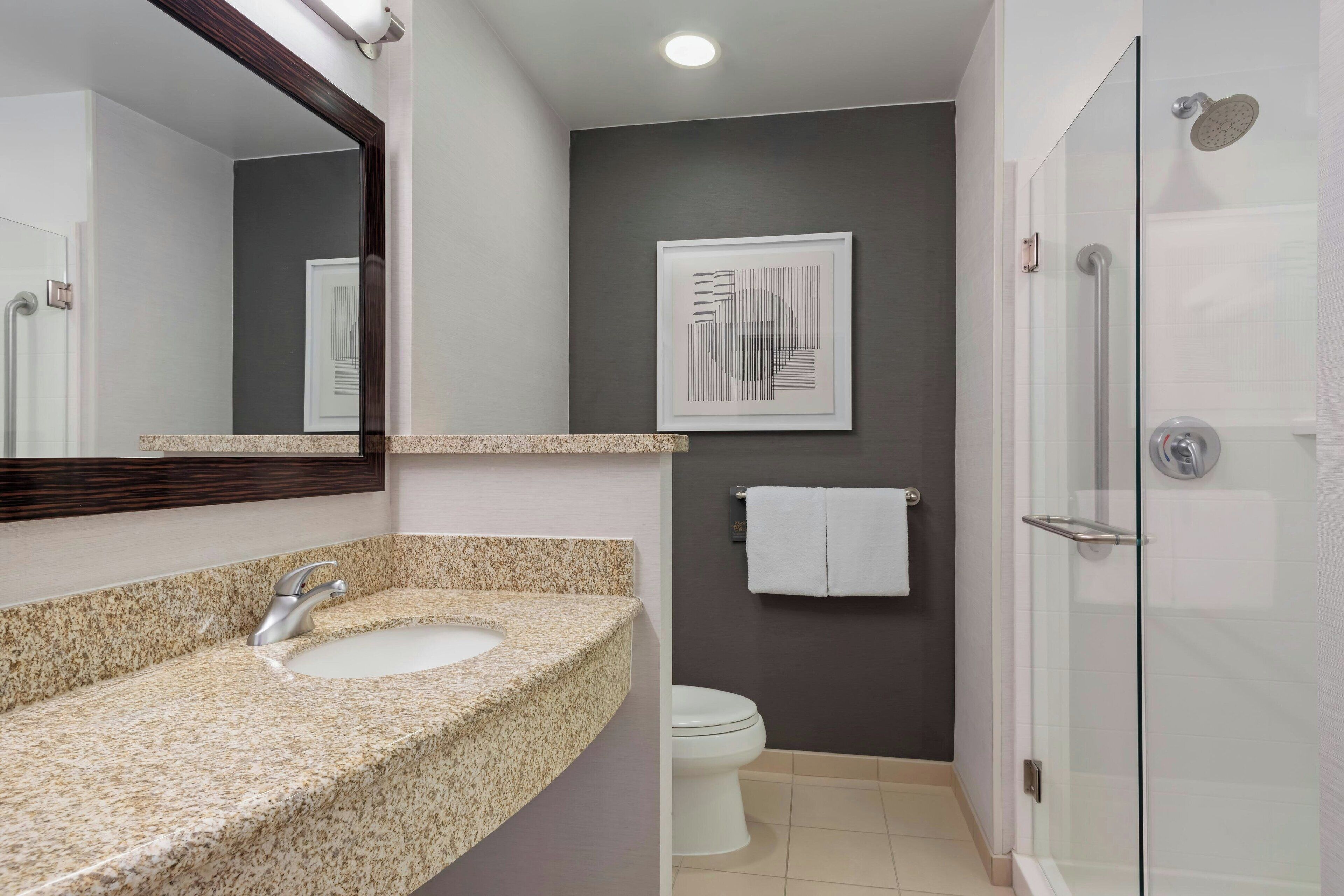 combined shower/bathtub, free toiletries, hair dryer, towels