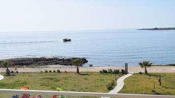 Enjoy breathtaking views of the ocean from this balcony overlooking a grassy area with a playground and access to the beach via a paved path.