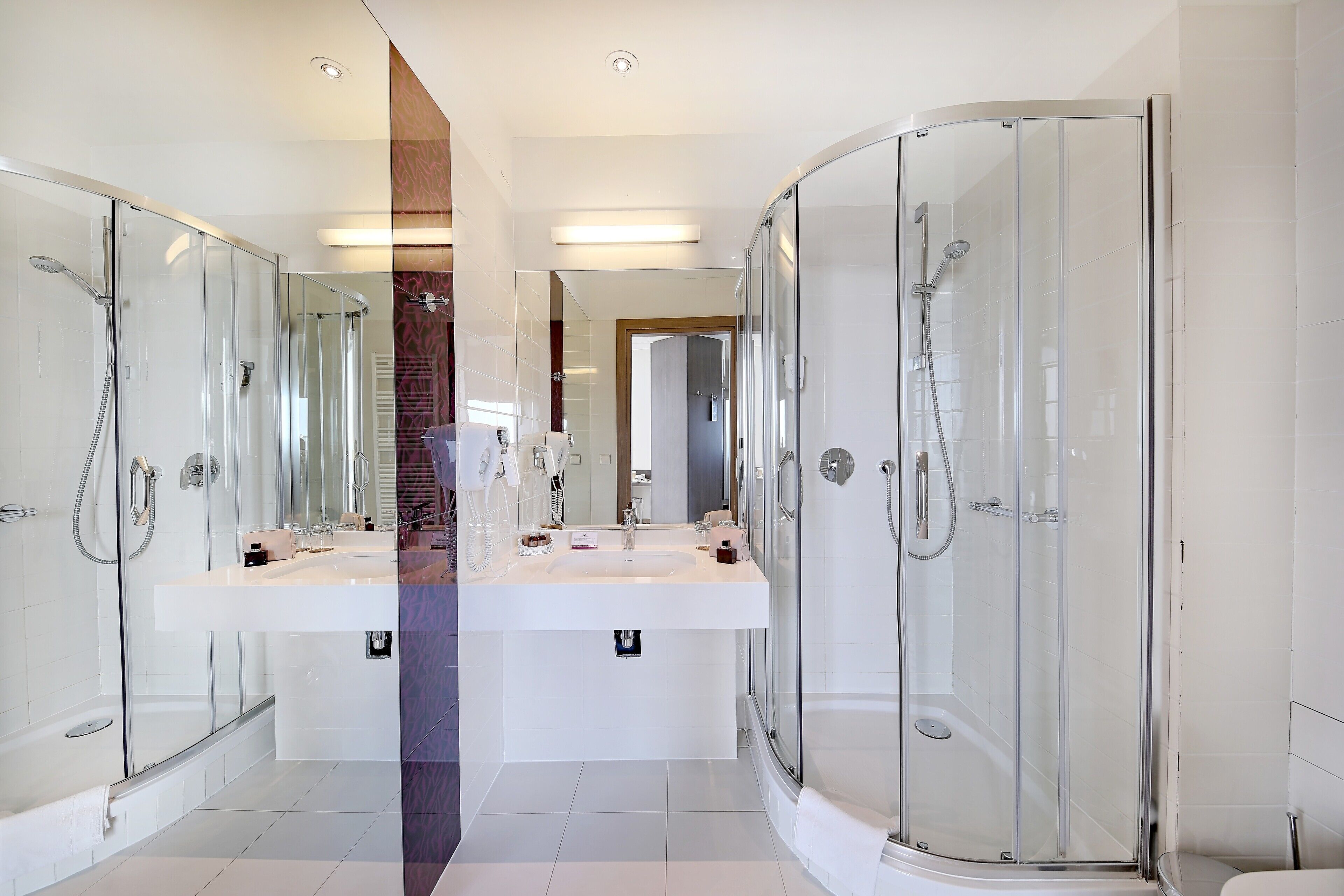 deluxe double or twin room | bathroom | shower, hair dryer, towels, soap