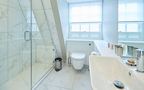 Moderni kylpyhuone, jossa on lasinen suihkuseinä, wc ja pesuallas, jossa on ruostumattomasta teräksestä valmistetut hanat ja muut varusteet.