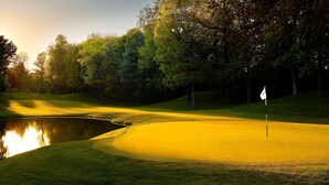 A golf course with a water hazard, trees, and a flagstick. - Bertram Inn at Glenmoor (Canton)