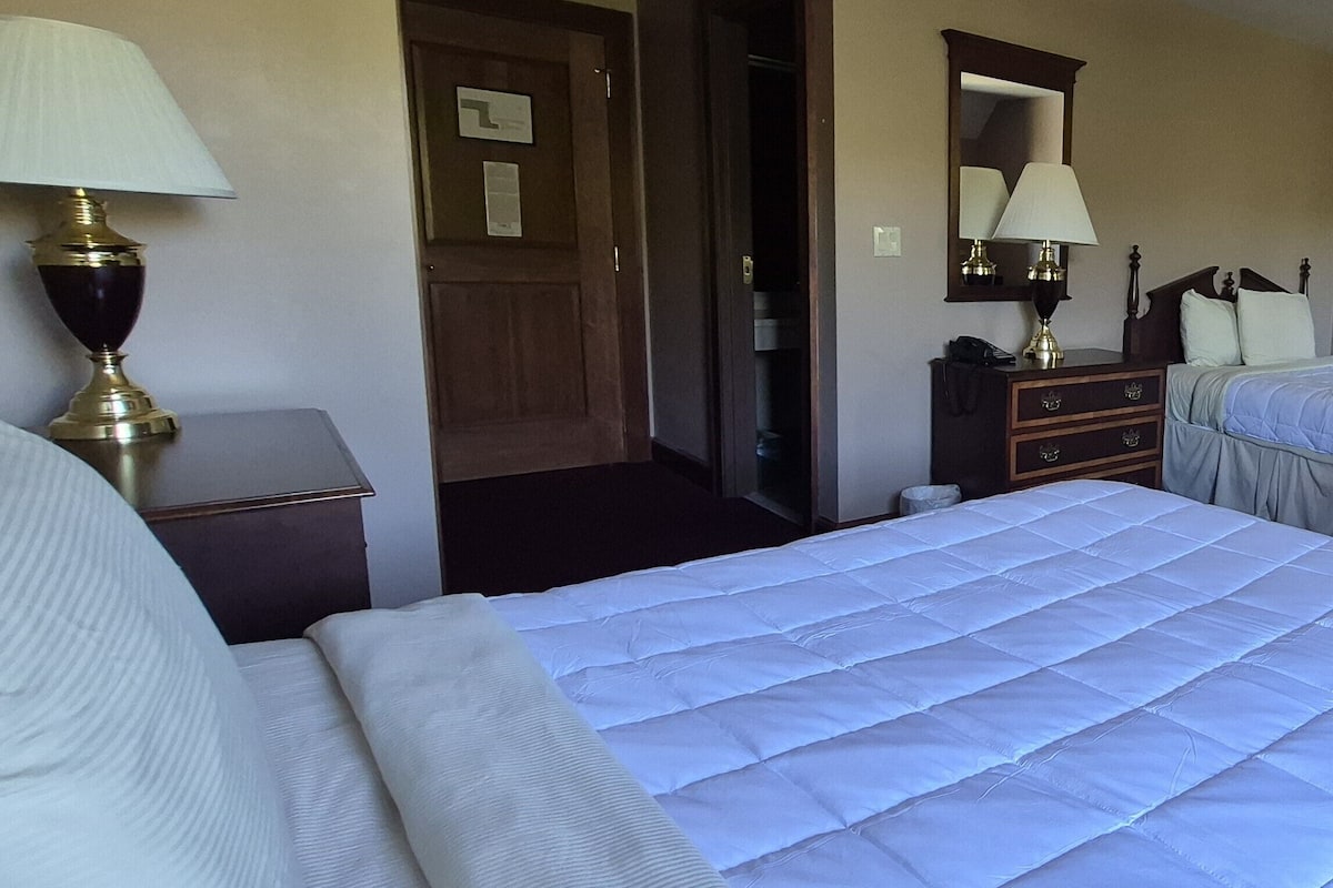 Quarto de hotel com uma cama grande, duas mesas de cabeceira com abajures, uma cômoda, um espelho e uma porta que dá para outro cômodo.