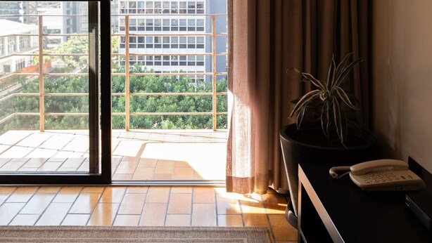 A modern room with a large window, a potted plant, a telephone, and a patterned rug. - Alameda Apart Hotel (São Paulo)