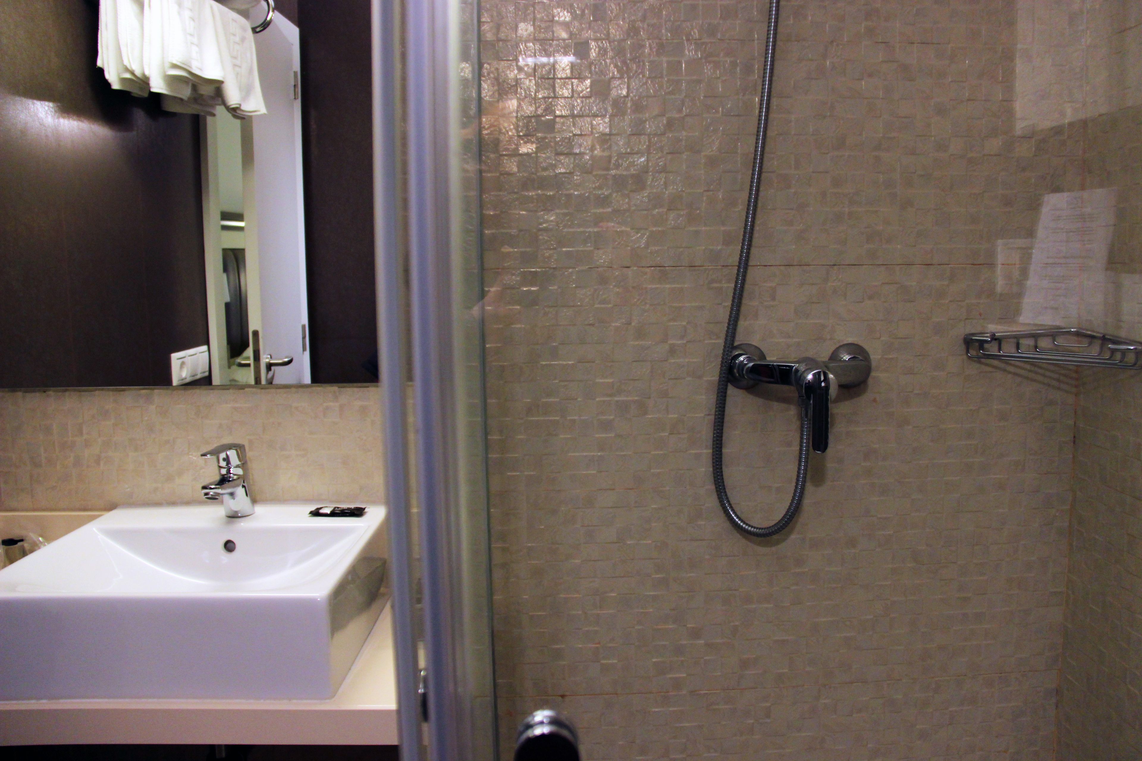 family room | bathroom | shower, designer toiletries, hair dryer, towels