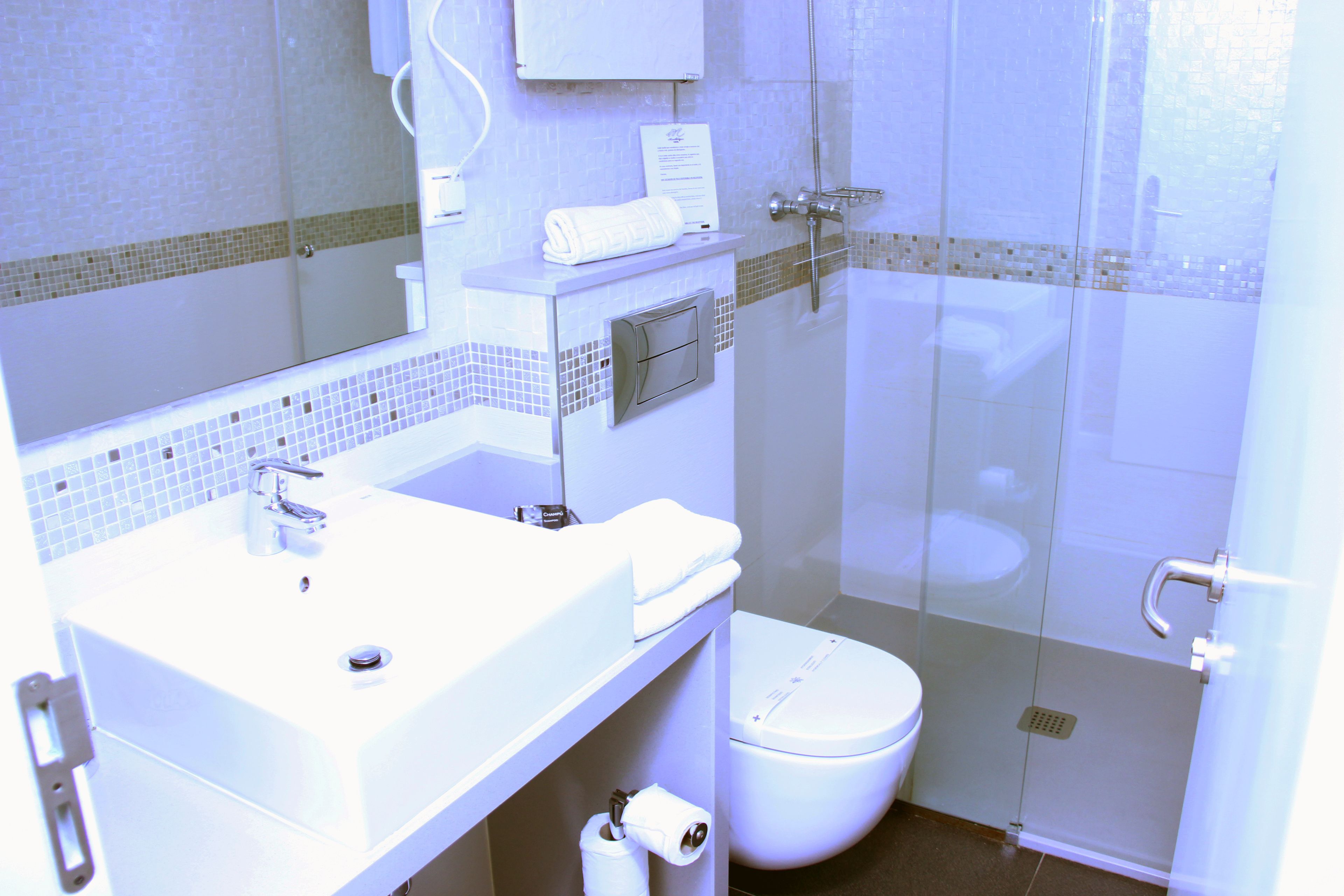 shower, designer toiletries, hair dryer, towels