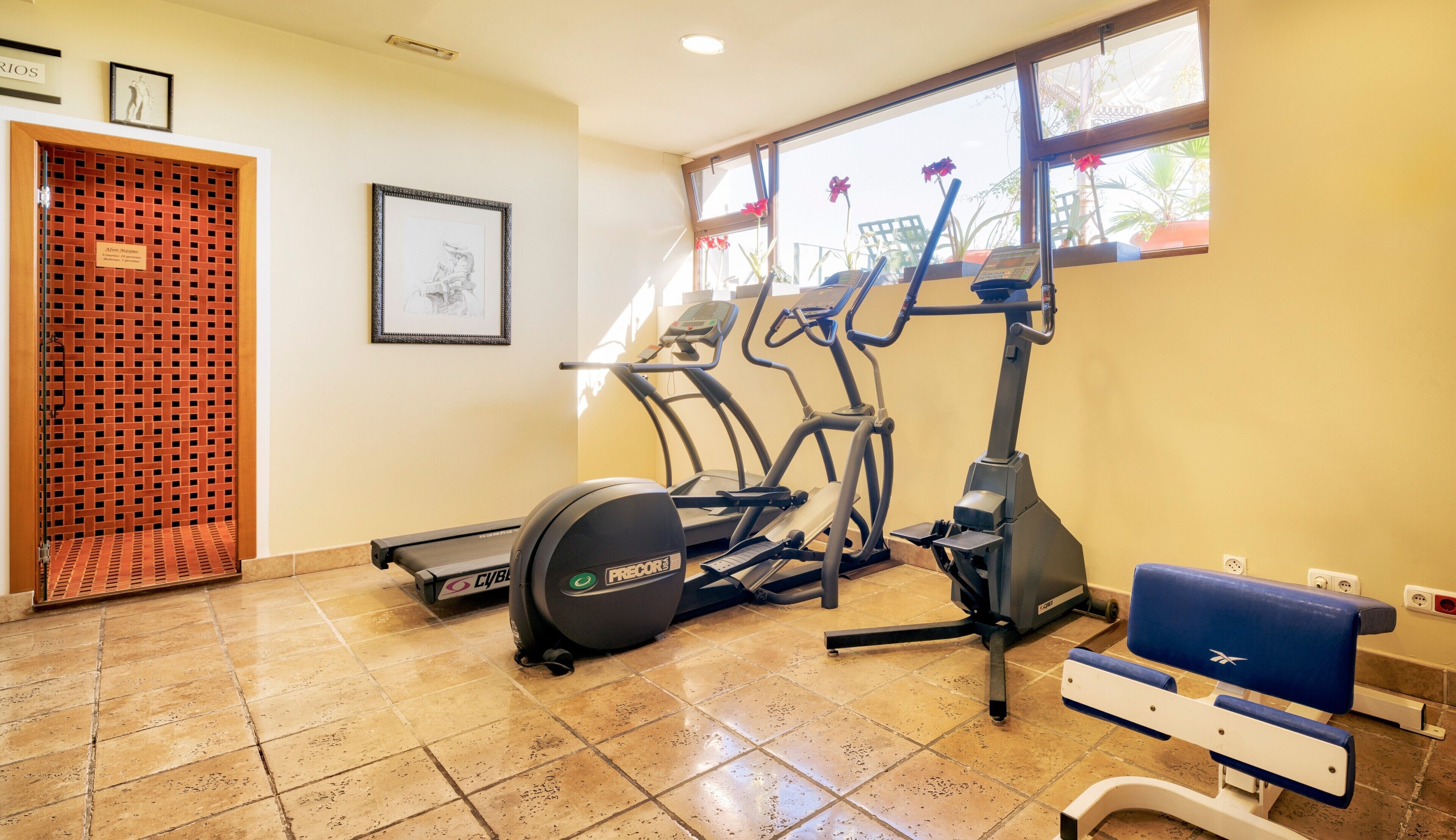 A gym with treadmills, a stationary bike, and a blue bench.