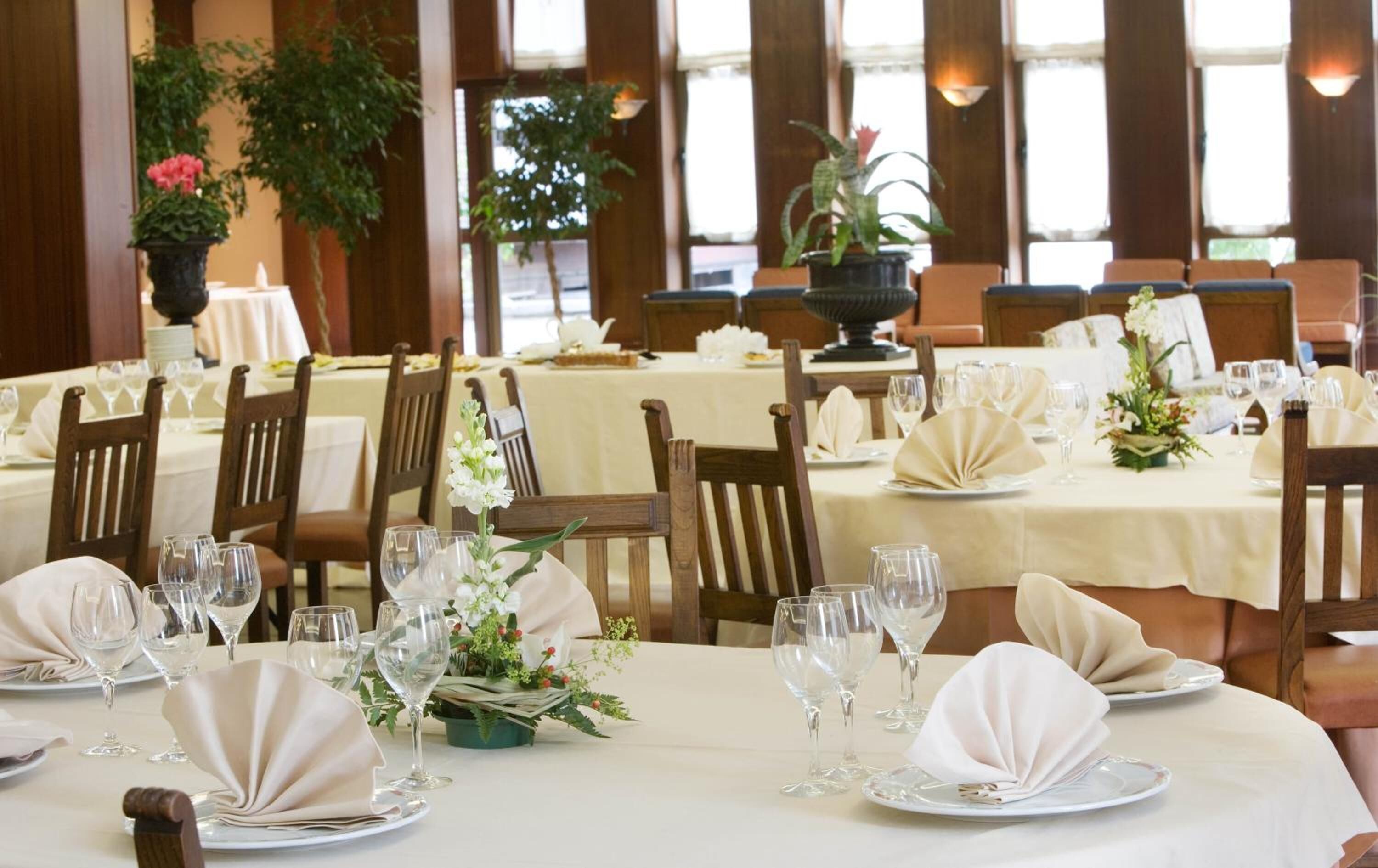 A restaurant with neatly set tables, wooden chairs, and potted plants.