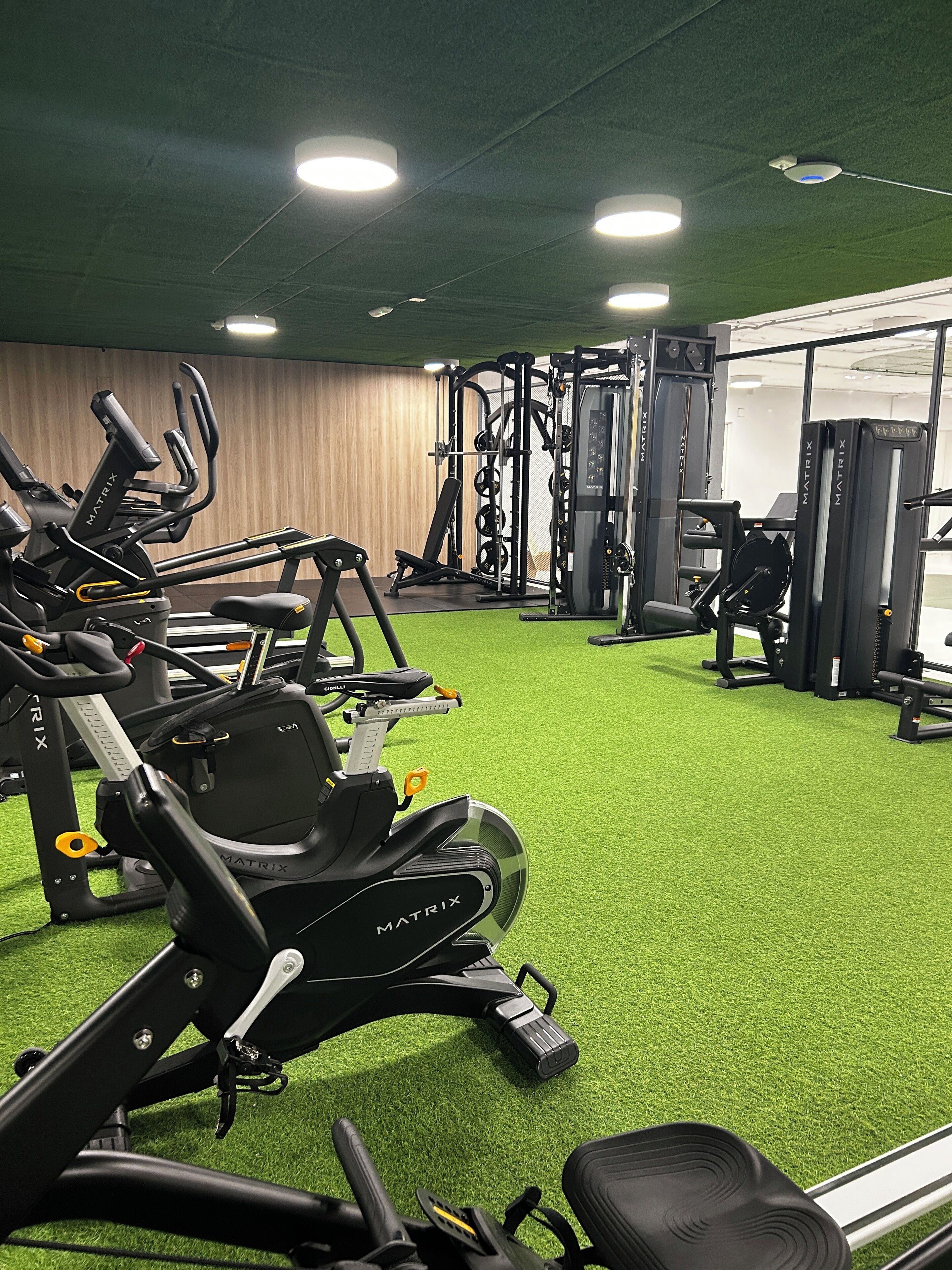 A gym with various exercise equipment, including treadmills and weight machines, on a green artificial turf floor.