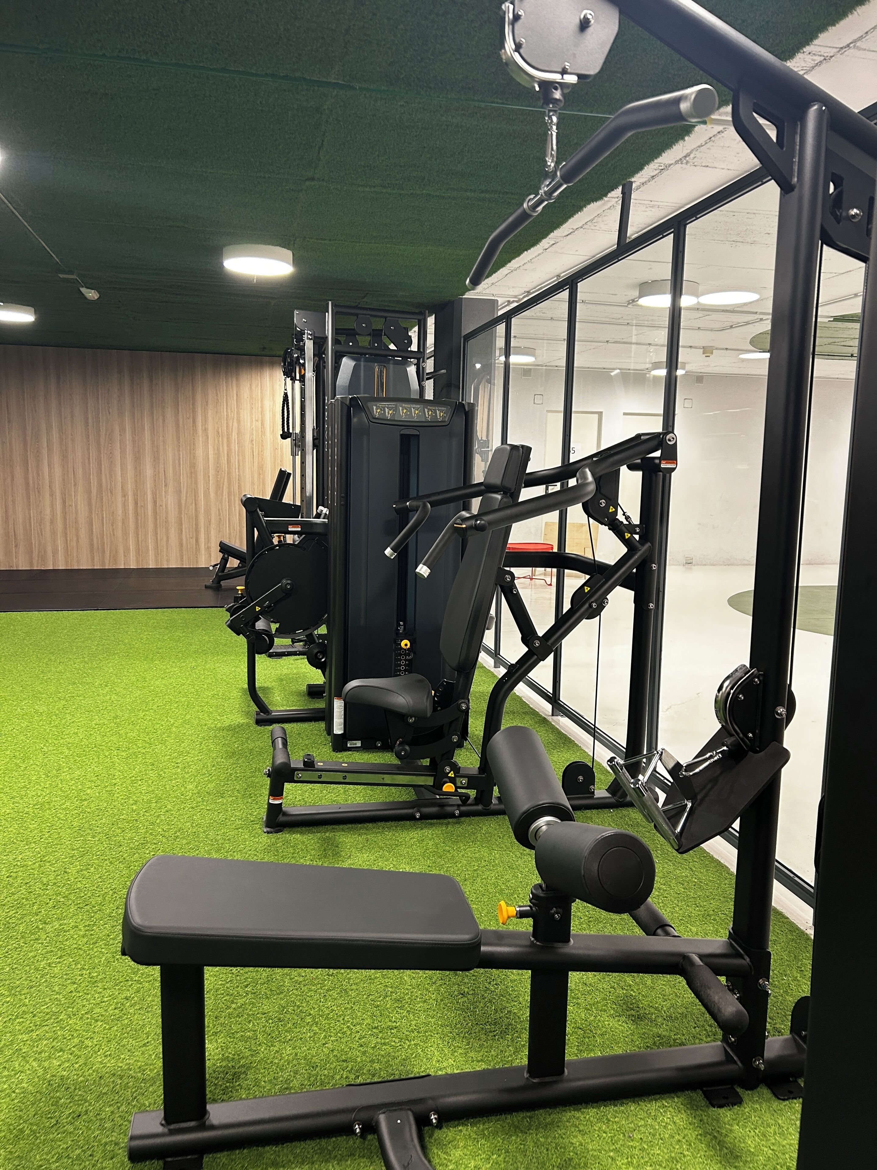 Un gimnasio con diferentes máquinas de ejercicio, una banca y piso verde artificial.