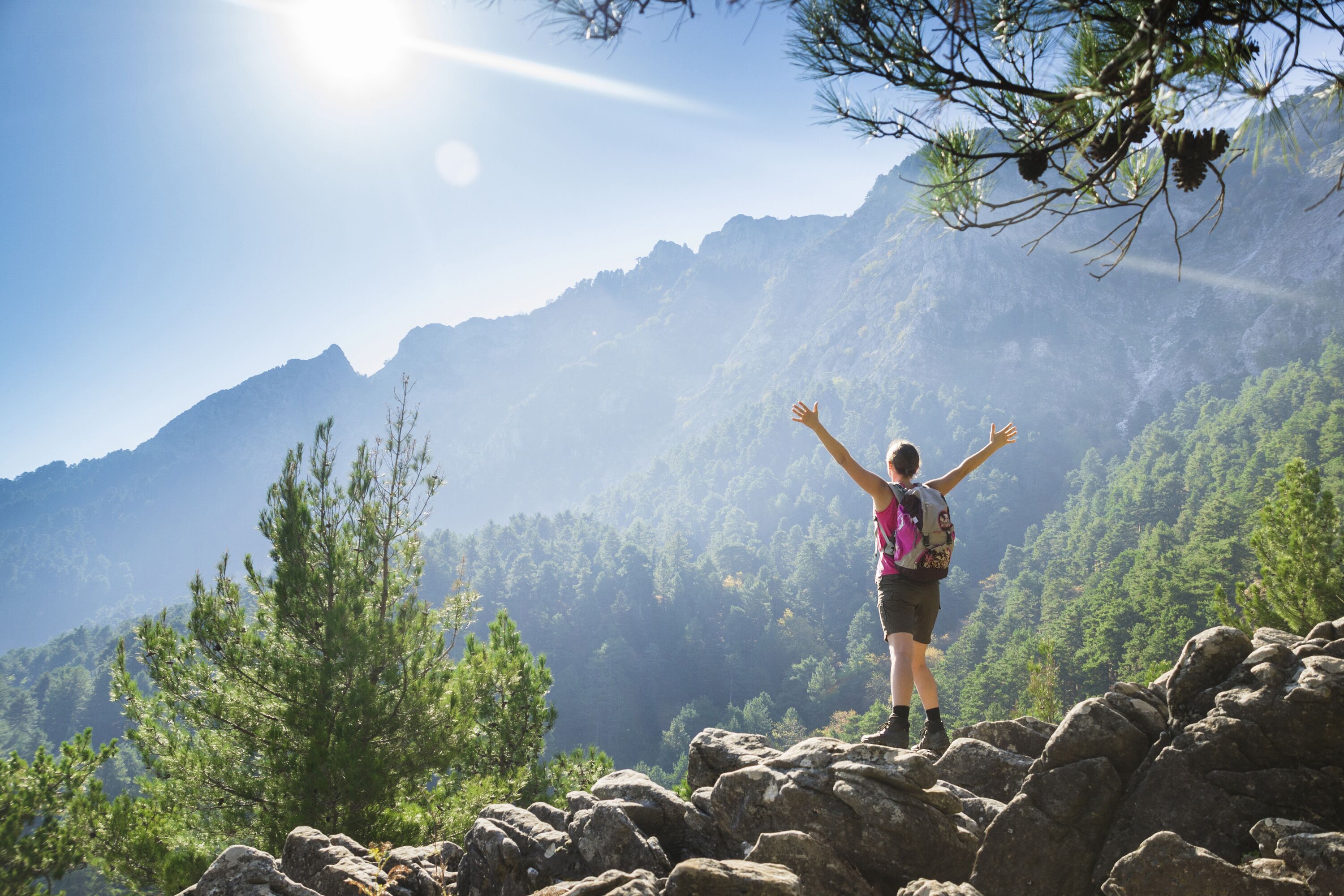 Une personne se tient debout sur un promontoire rocheux, les bras levés, et contemple un paysage montagneux.