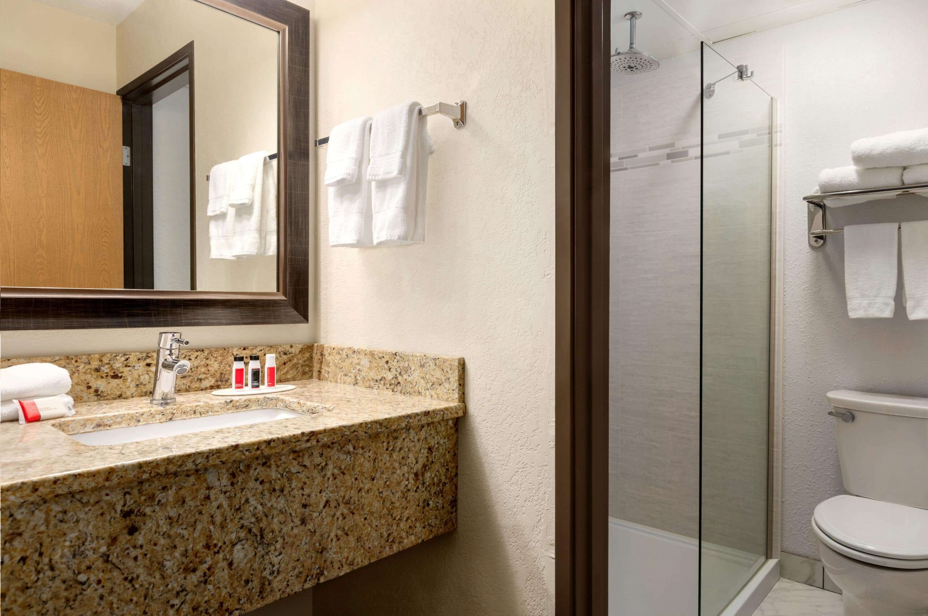 A bathroom with a granite countertop sink, a mirror, and a glass-enclosed shower stall.