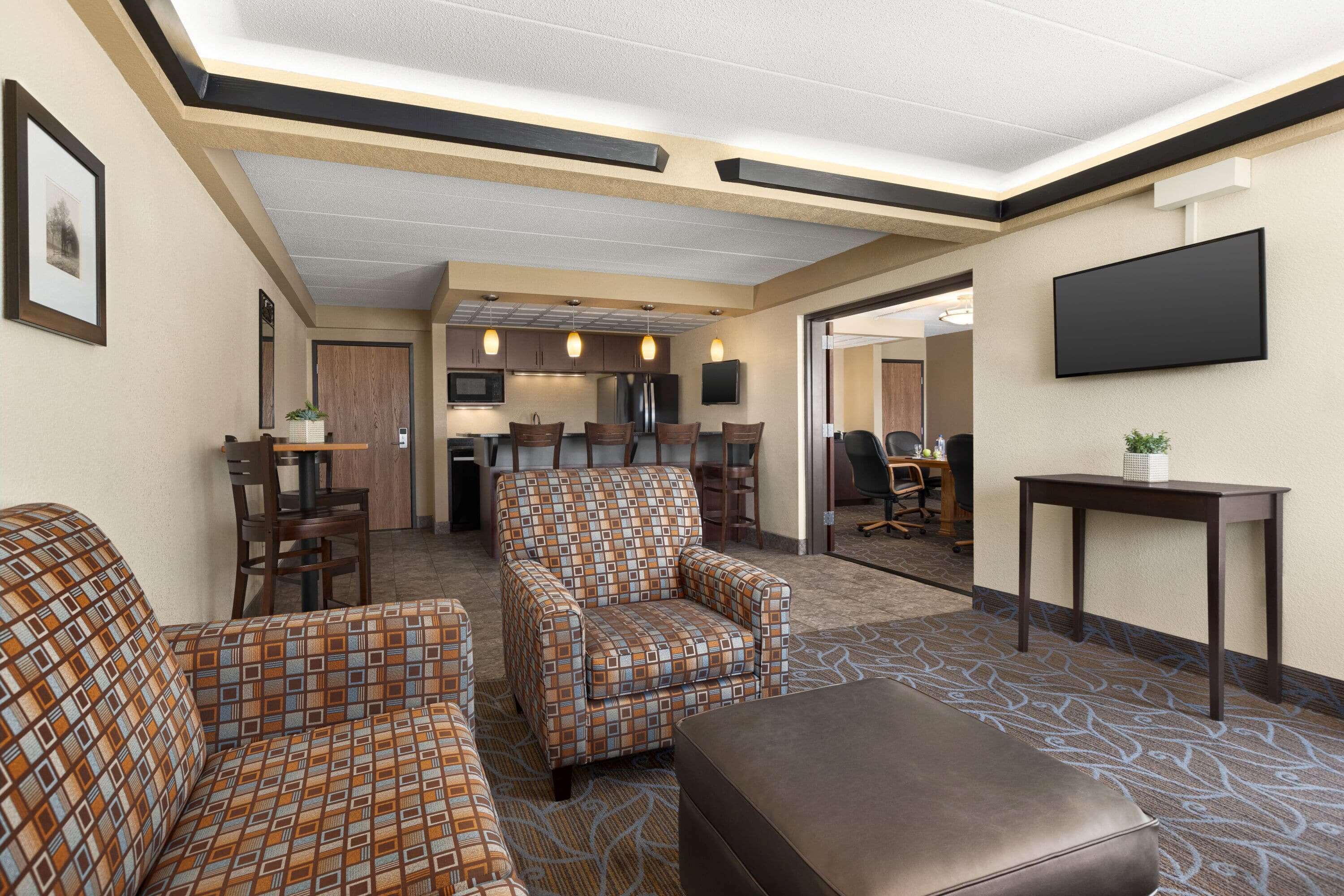 Un vestíbulo de hotel con un sofá y un sillón estampados, un televisor de pantalla plana, una pequeña mesa con una planta y una zona de cocina al fondo.