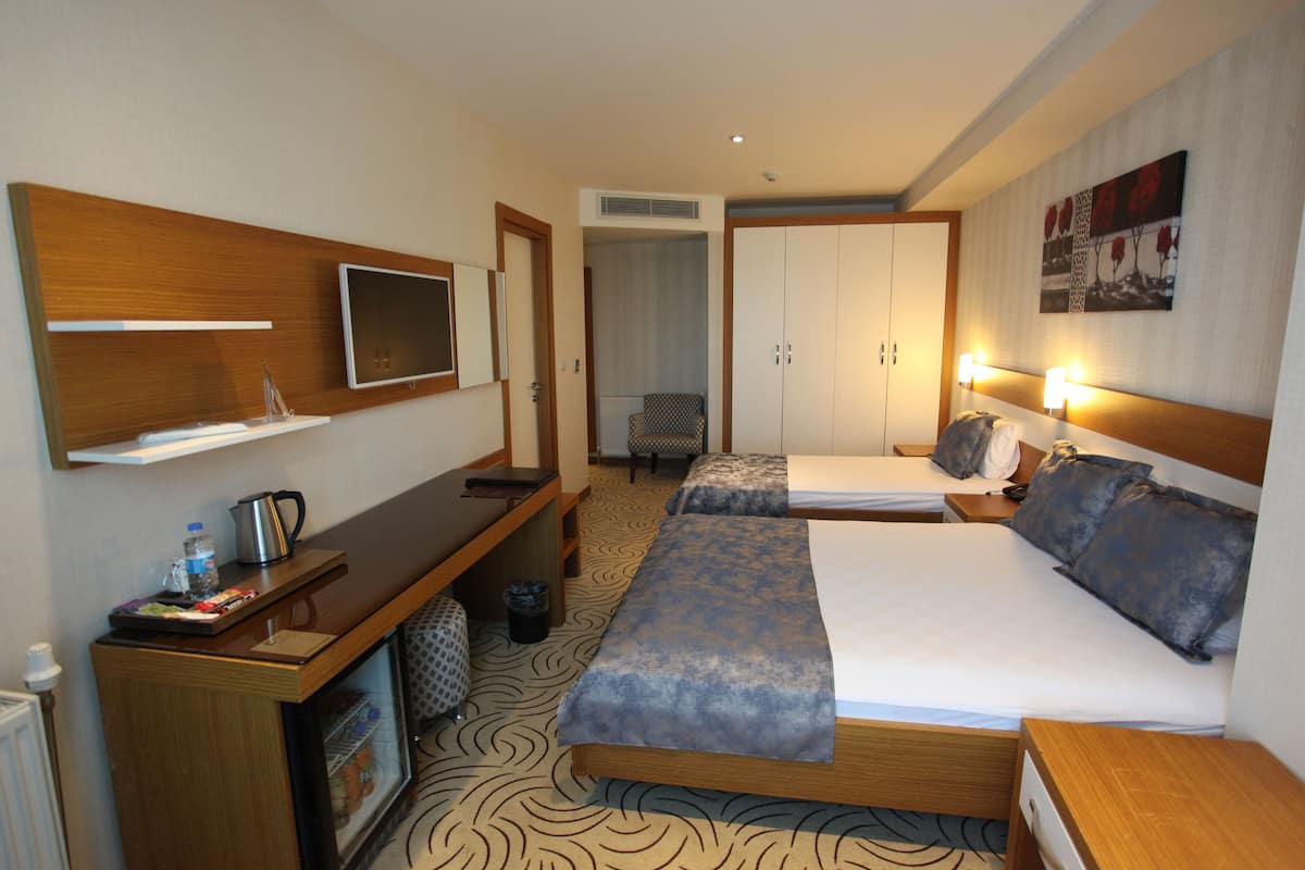 A hotel room with a wooden desk, two beds with patterned bedding, a TV mounted on the wall, and a painting above the bed.