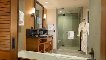 Combined shower/bathtub, deep-soaking bathtub, rainfall showerhead